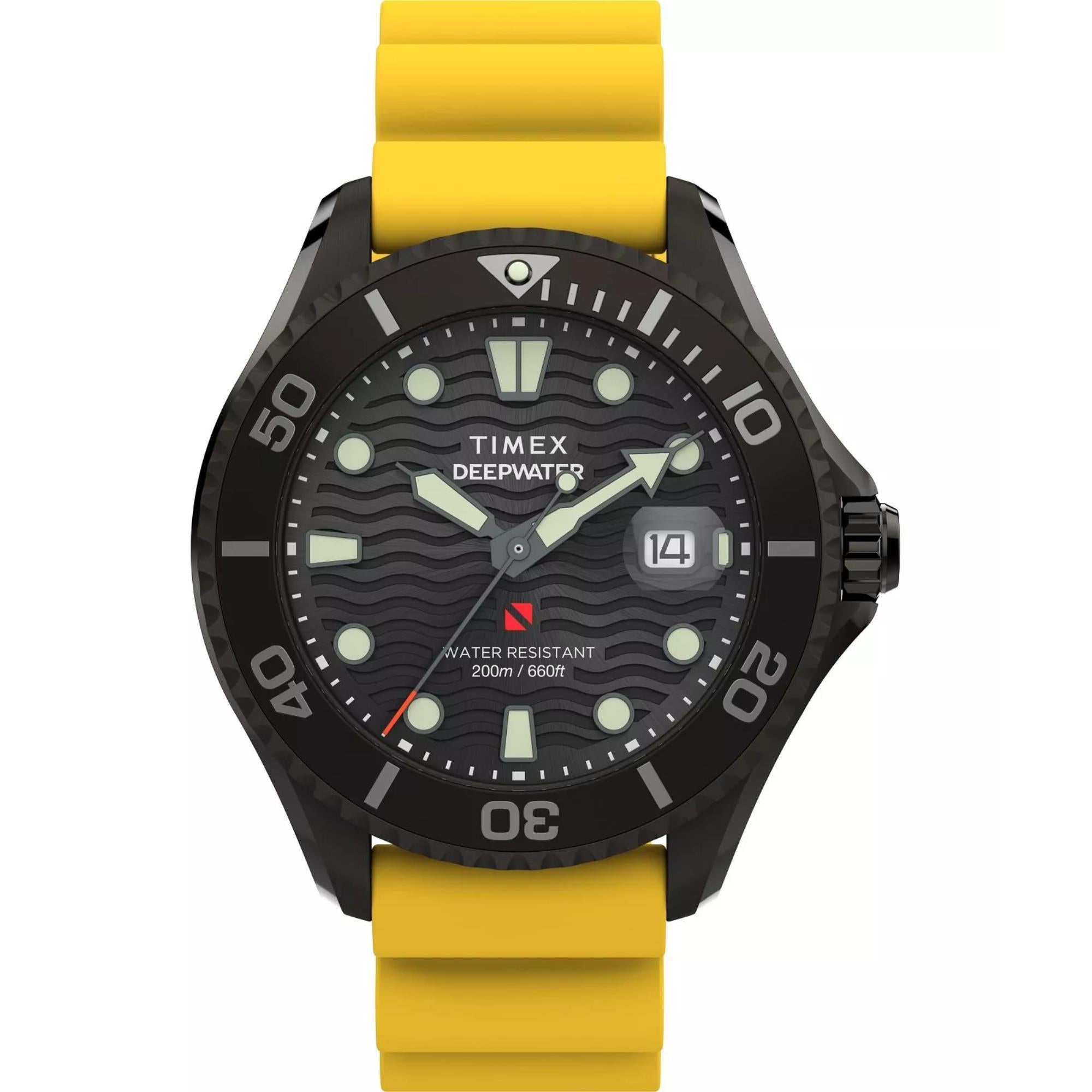 Timex Deep Water 44mm Schwarzes Zifferblatt Gummi Herren Quarz Uhr TW2W81700