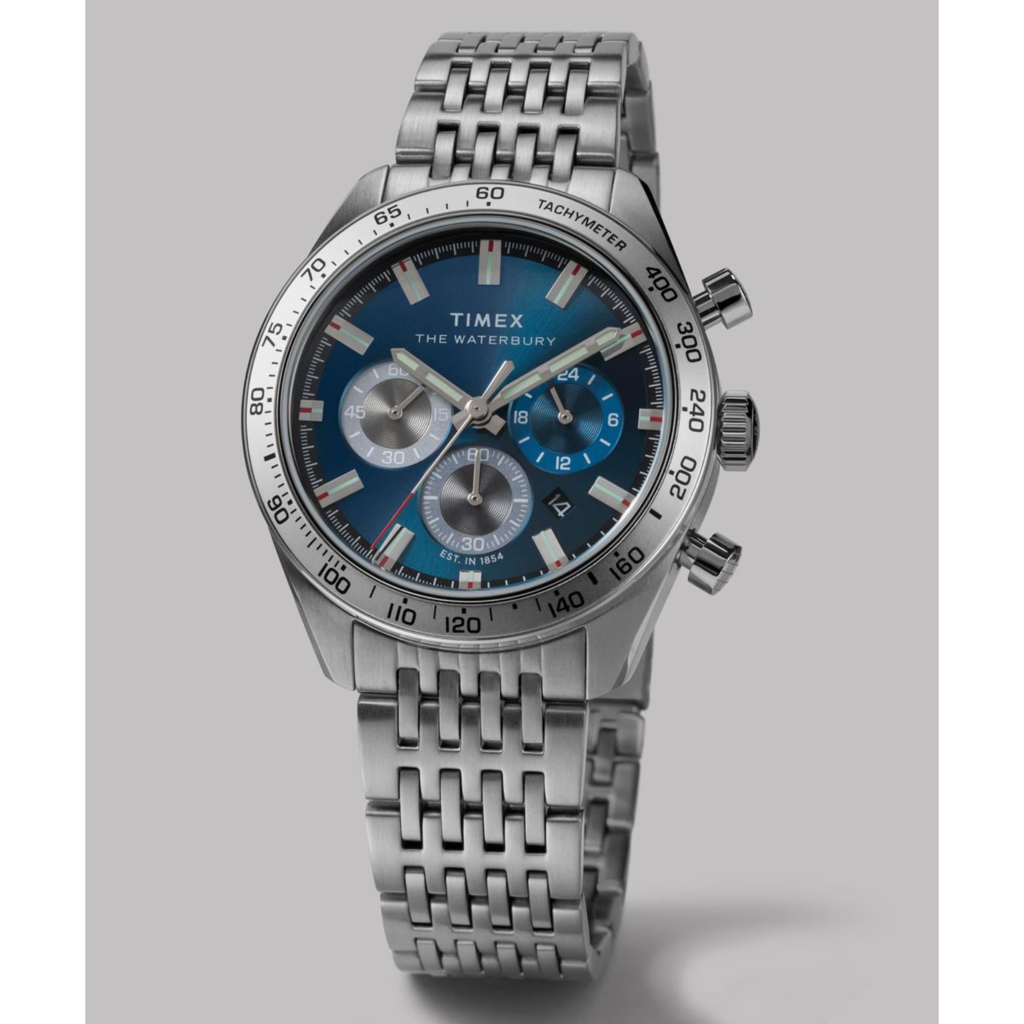 Timex Waterbury 41mm Chronograph Blue Dial Steel Mens Quartz Watch TW2Y18500