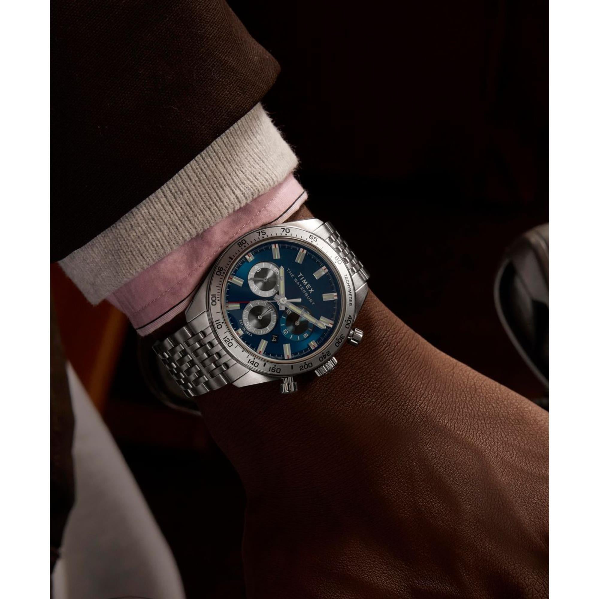 Timex Waterbury 41mm Chronograph Blue Dial Steel Mens Quartz Watch TW2Y18500