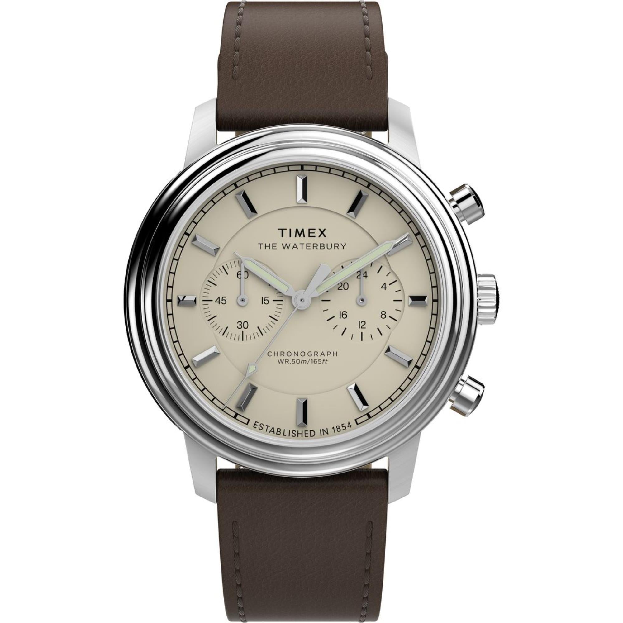 Timex Waterbury 41mm Chronograph Cream Dial Leather Mens Quartz Watch TW2Y23500