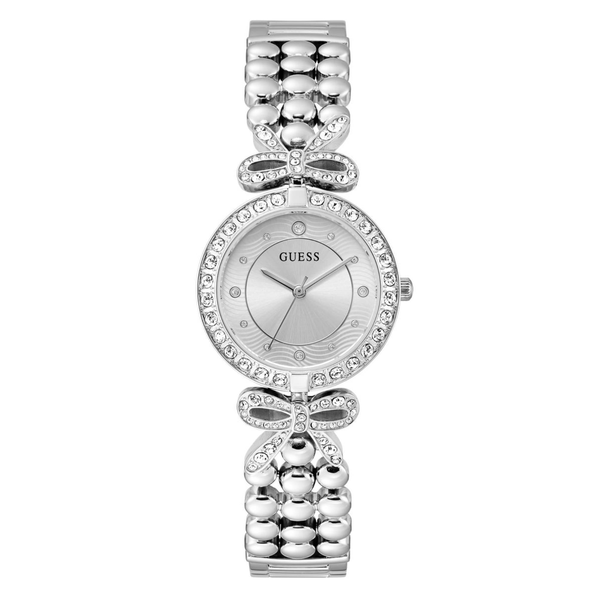 Guess Ribbon silbernes Zifferblatt Edelstahlarmband Damen Uhr GW0838L1