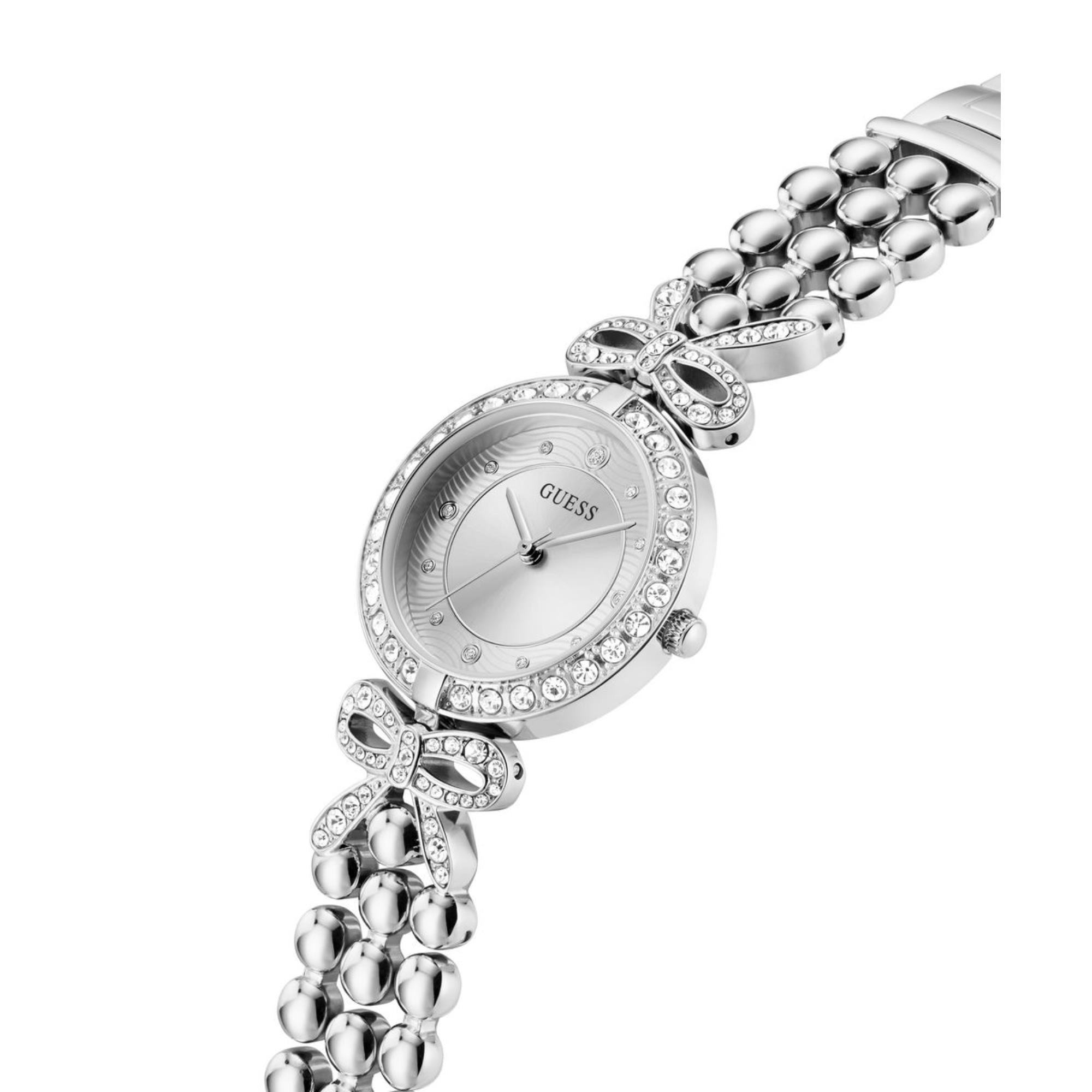 Guess Ribbon silbernes Zifferblatt Edelstahlarmband Damen Uhr GW0838L1