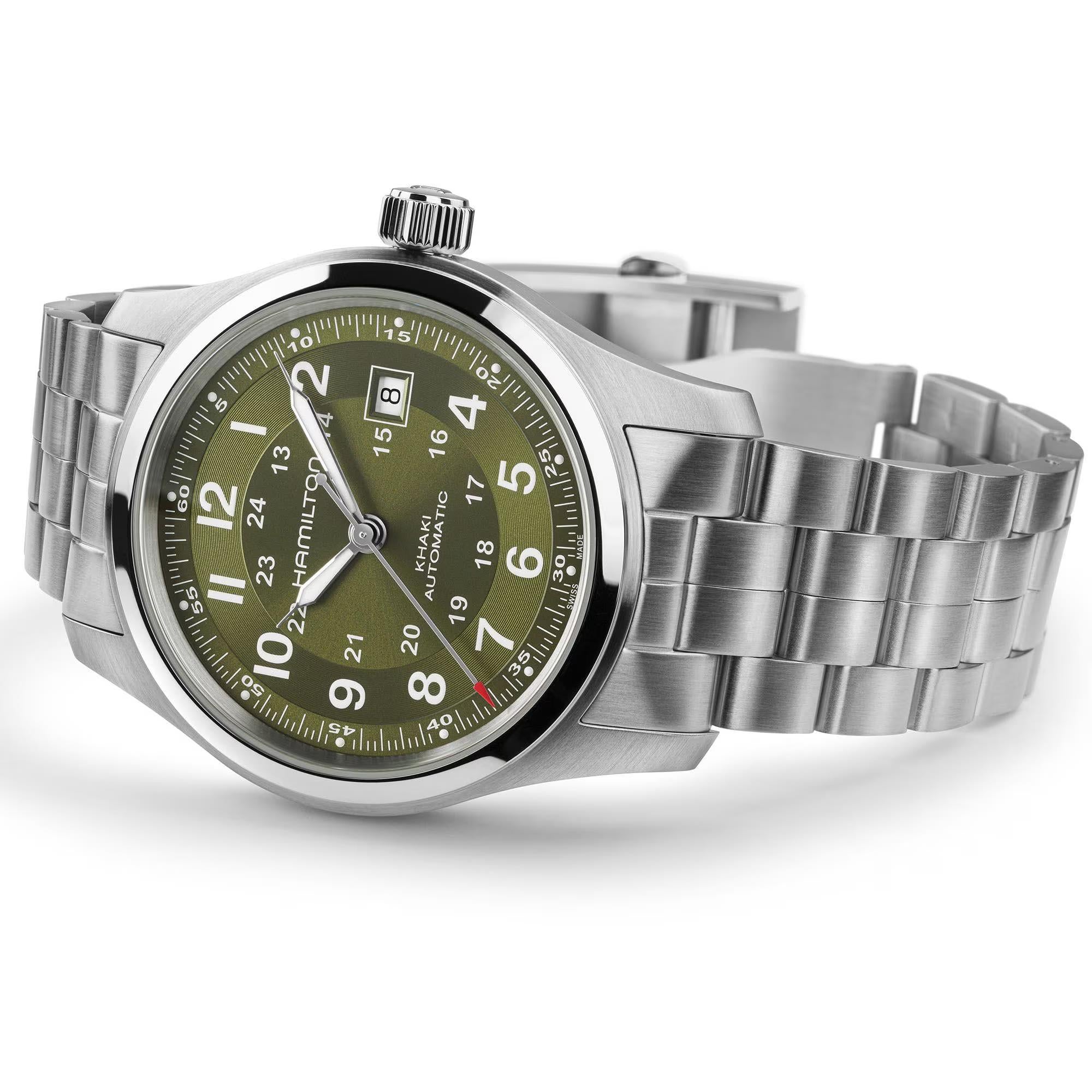 Hamilton Khaki Field H70605160 42mm green dial and stainless steel bracelet on white background