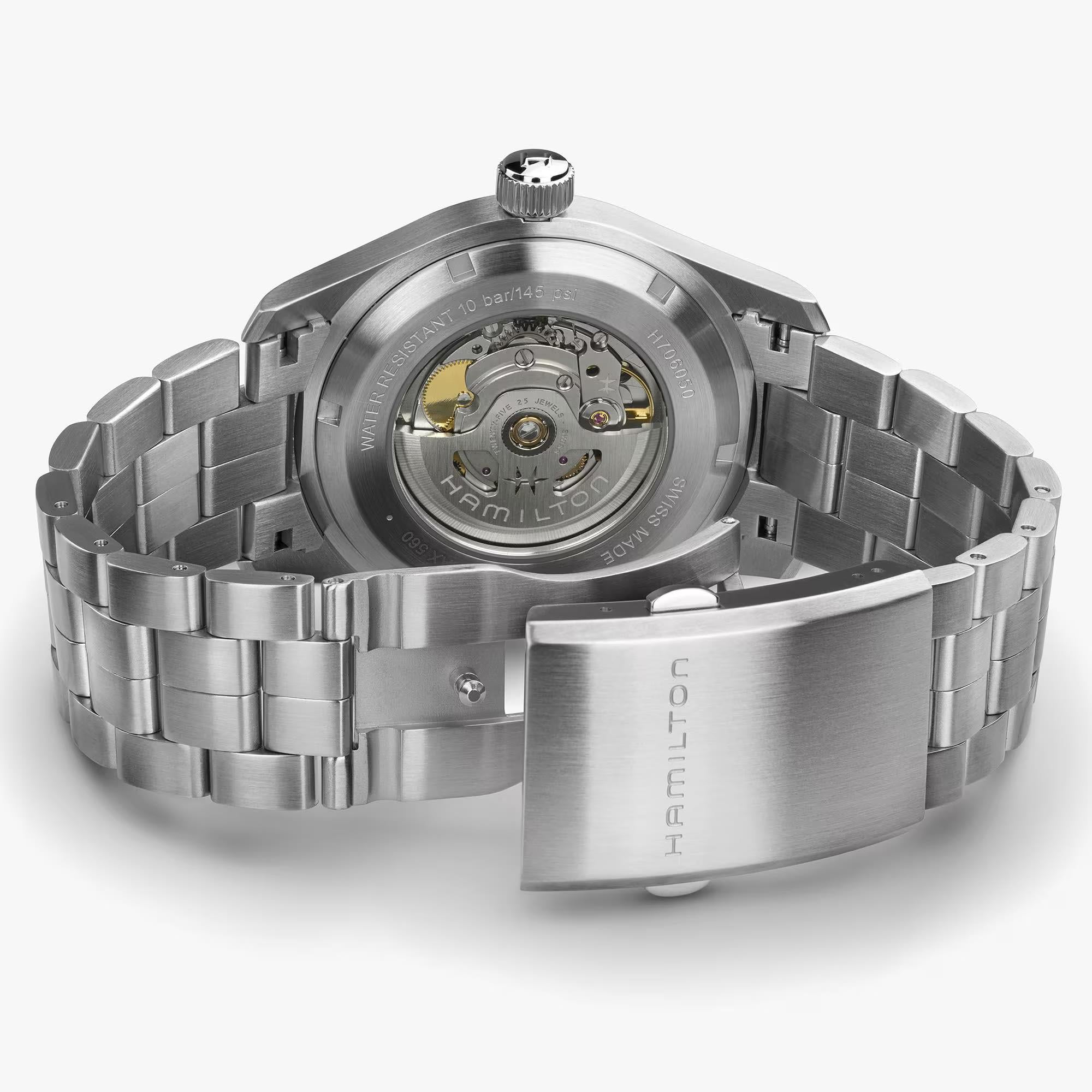 Hamilton Khaki Field H70605160 see-through caseback revealing H-10 movement and folding clasp detail
