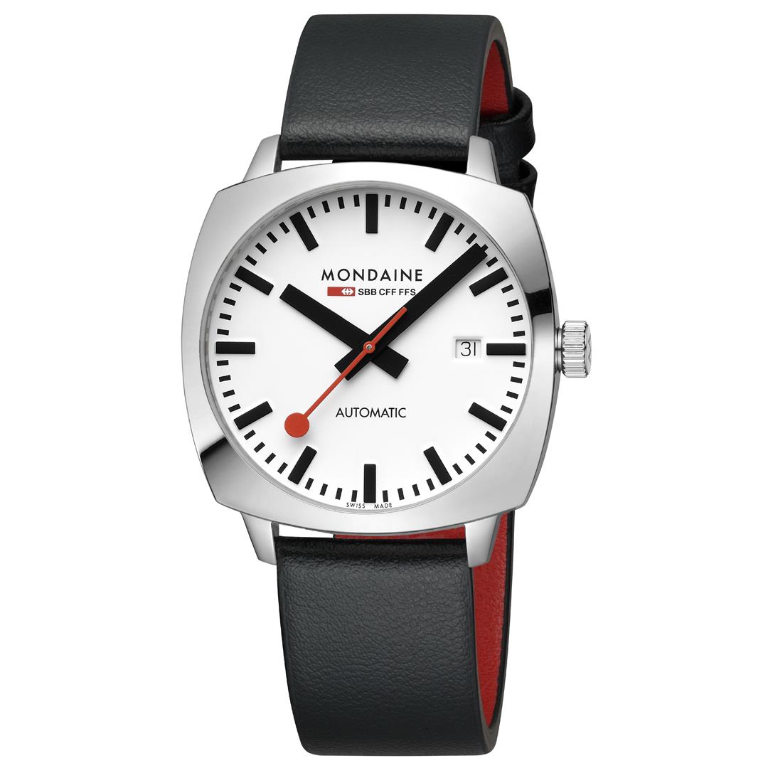 Mondaine Cushion 39mm Weißes Zifferblatt Leder Herren Automatik Uhr MSL.3961B.LBV