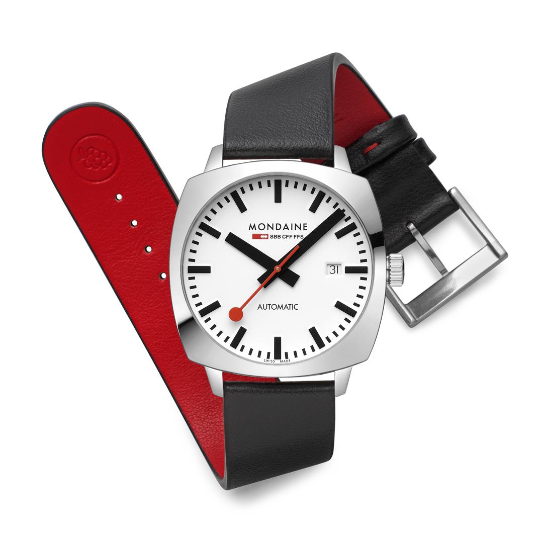 Mondaine Cushion 39mm Weißes Zifferblatt Leder Herren Automatik Uhr MSL.3961B.LBV