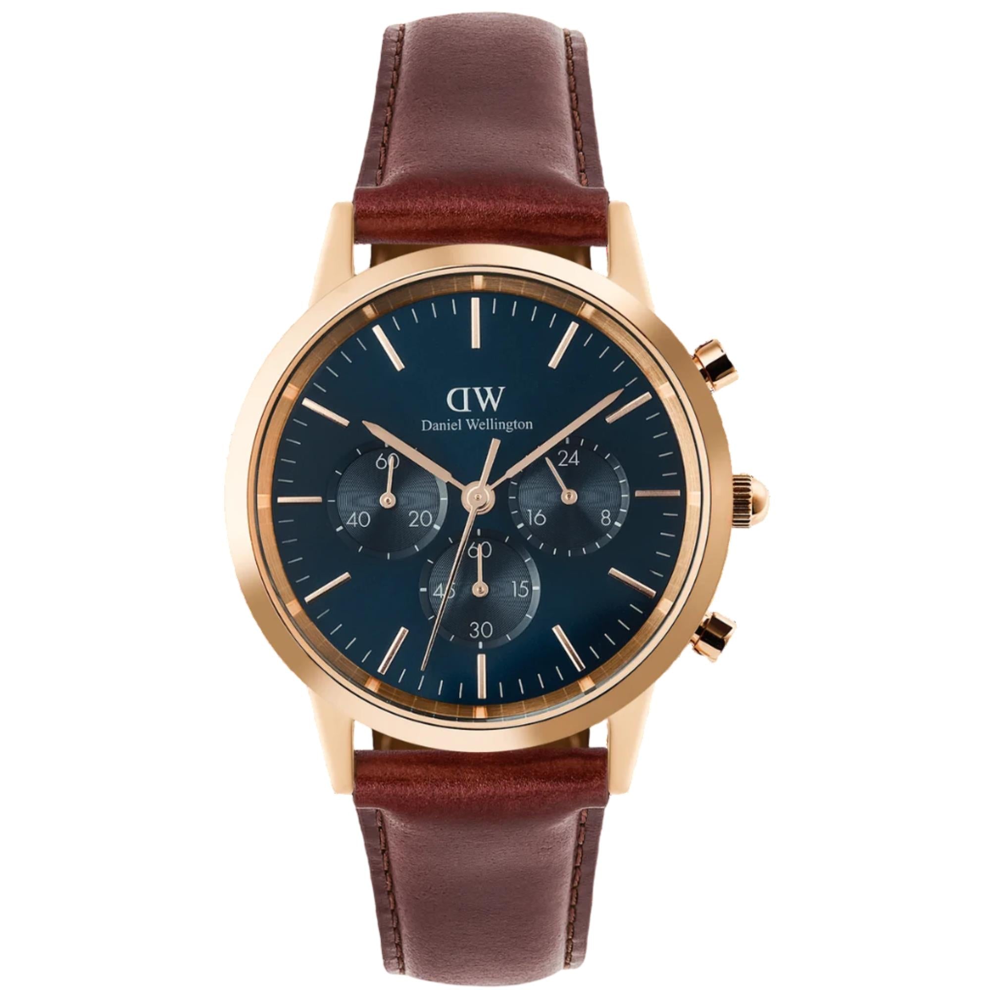 Daniel Wellington Iconic 42mm Chronograph Blaues Zifferblatt Leder Herren Quarz Uhr DW00100639