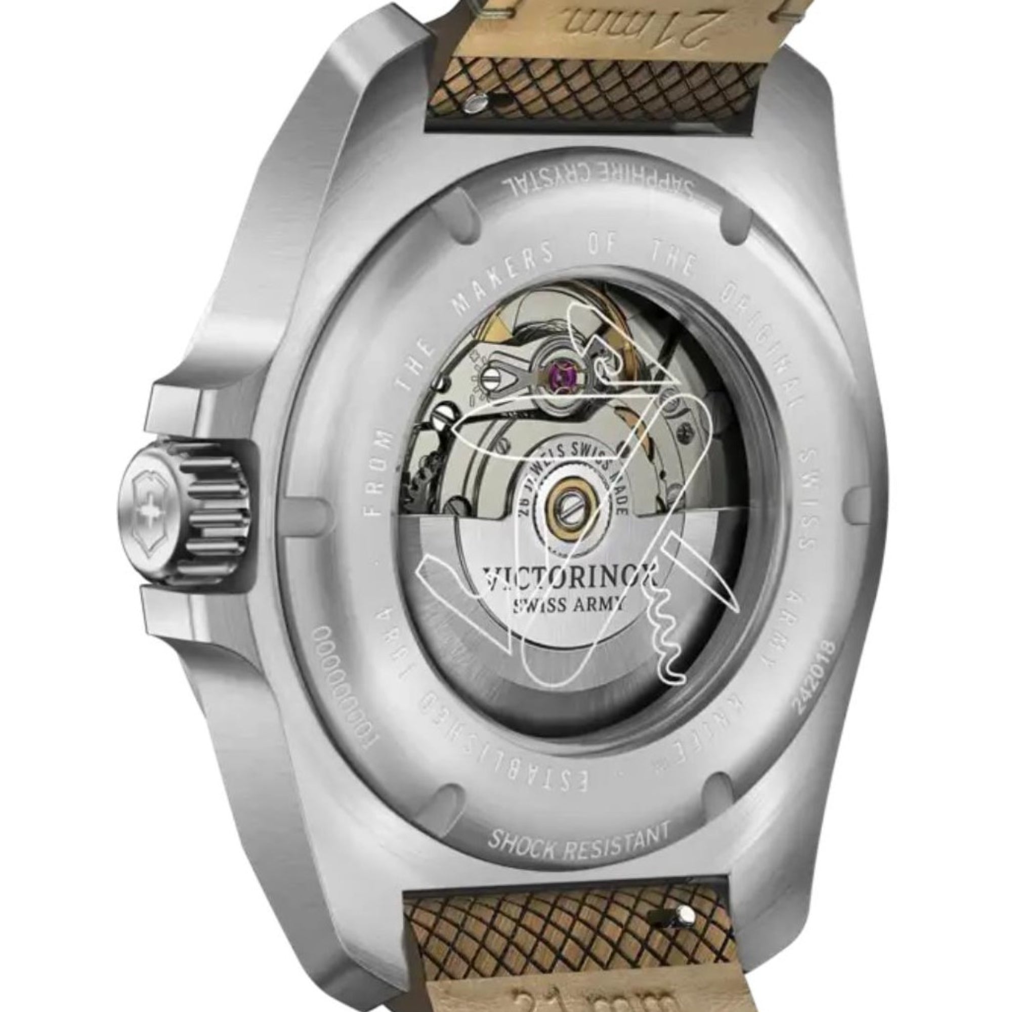 The caseback view of a stainless steel Victorinox I.N.O.X. watch featuring an exhibition window showing the automatic movement