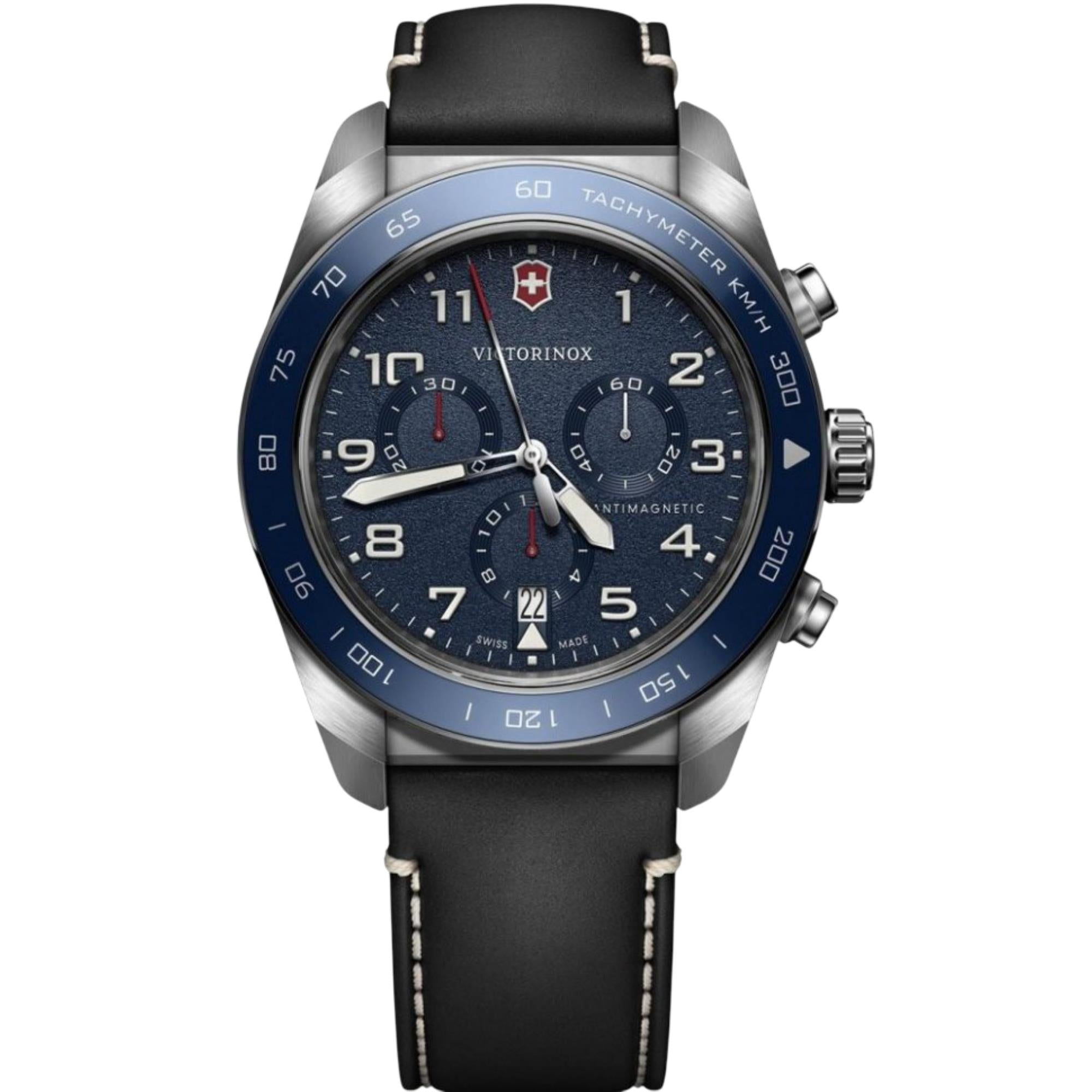 Victorinox Swiss Army Chronograph blue dial leather watch 242047 front view
