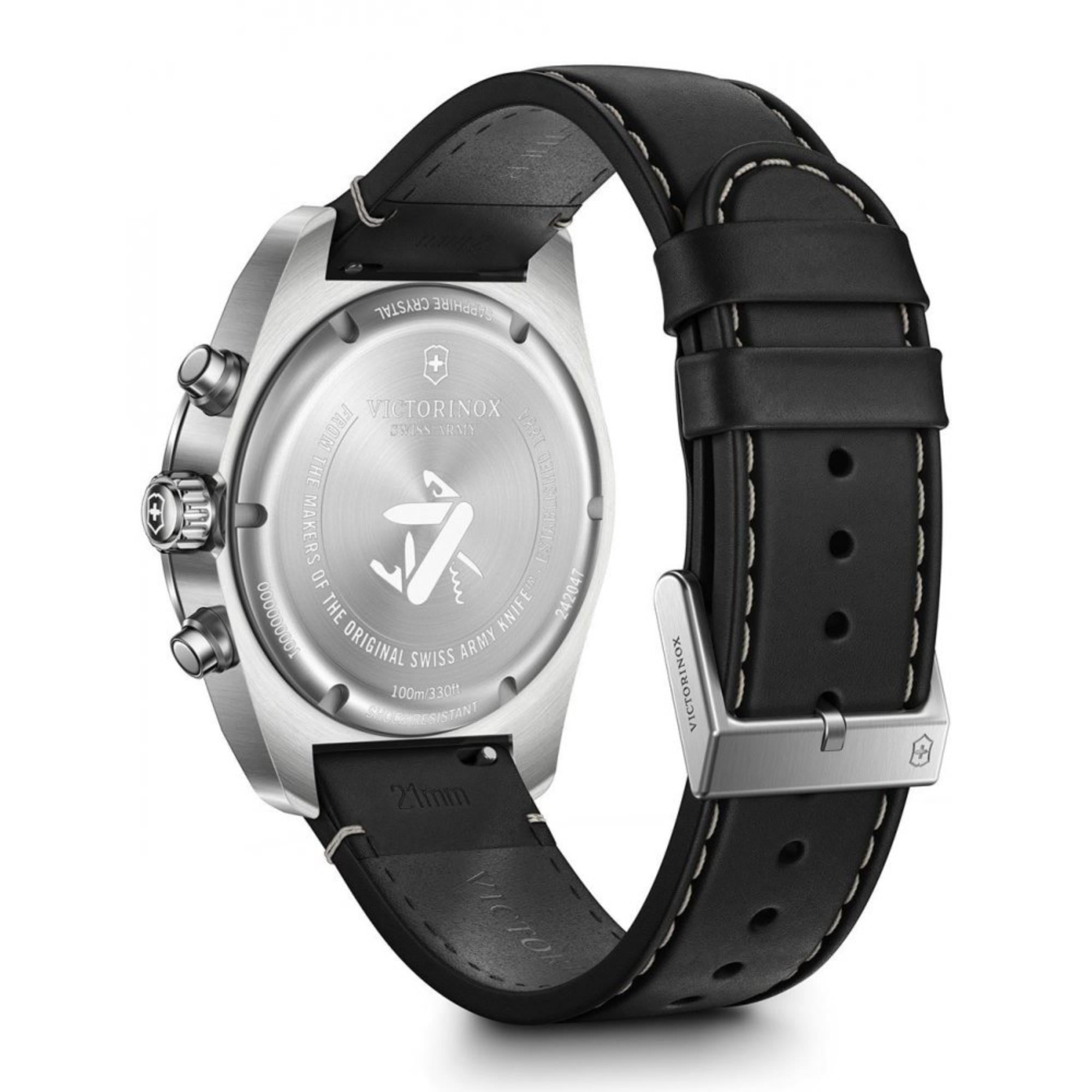 Angled view of Victorinox Swiss Army 242047 case back and black leather strap with pin buckle