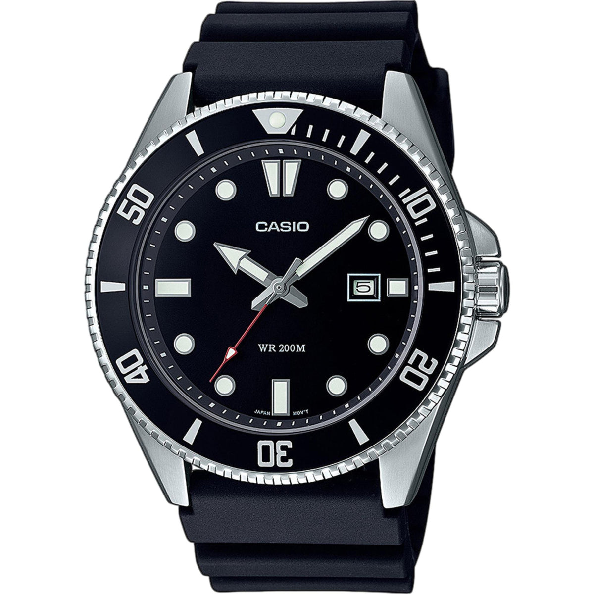 Casio Marlin MDV-107-1A1VEF front view detailing the black dial, luminescent indices, date display, and black dive bezel