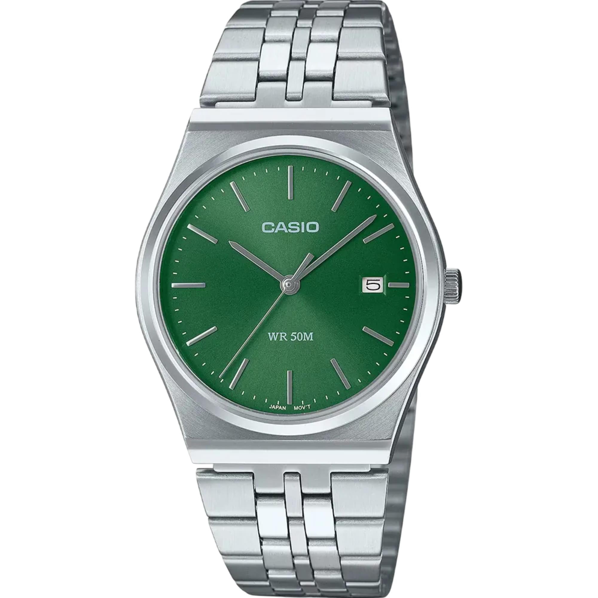 Casio MTP Serie Standard Grünes Zifferblatt Edelstahlarmband Herren Uhr MTP-B145D-3AVEF