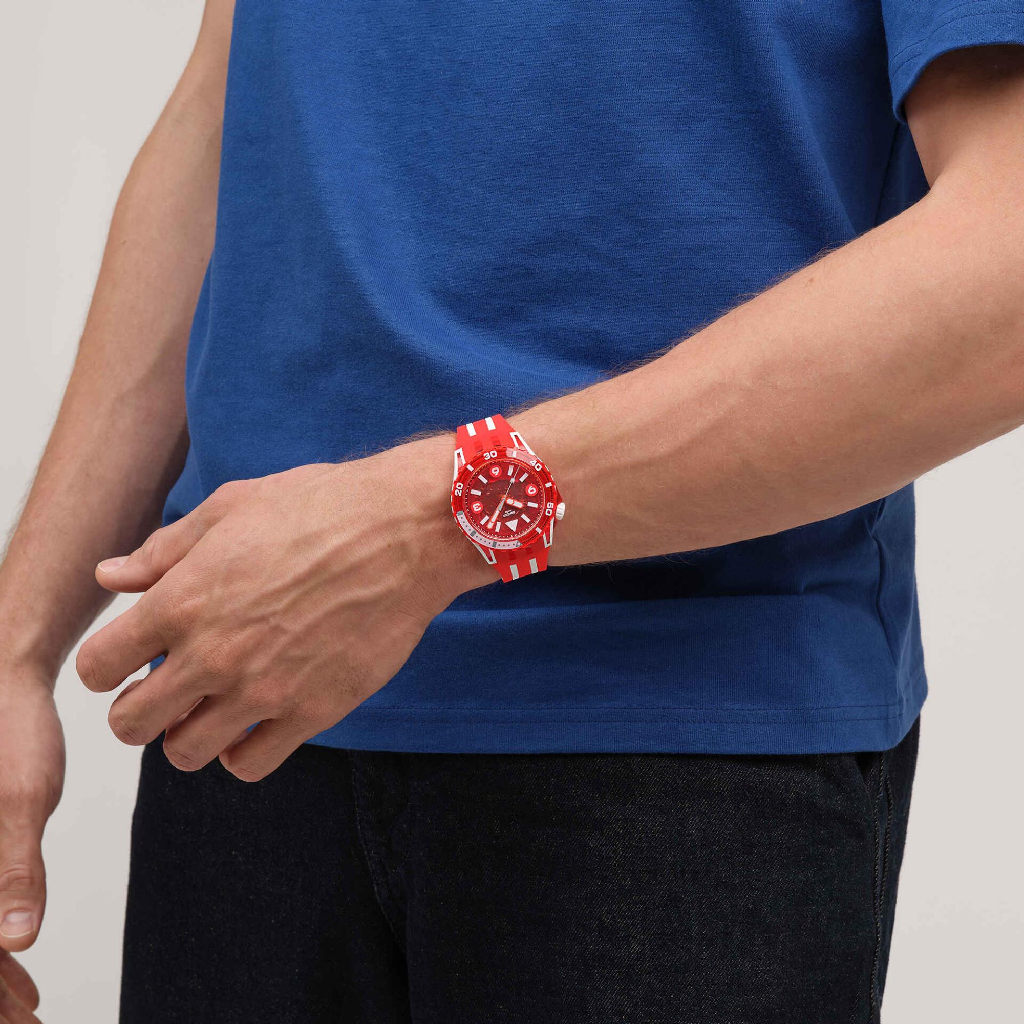 Swatch SCUBAQUA Löwenmähne Rotes Biokeramisches Zifferblatt Silikonarmband Uhr SSCU09R100