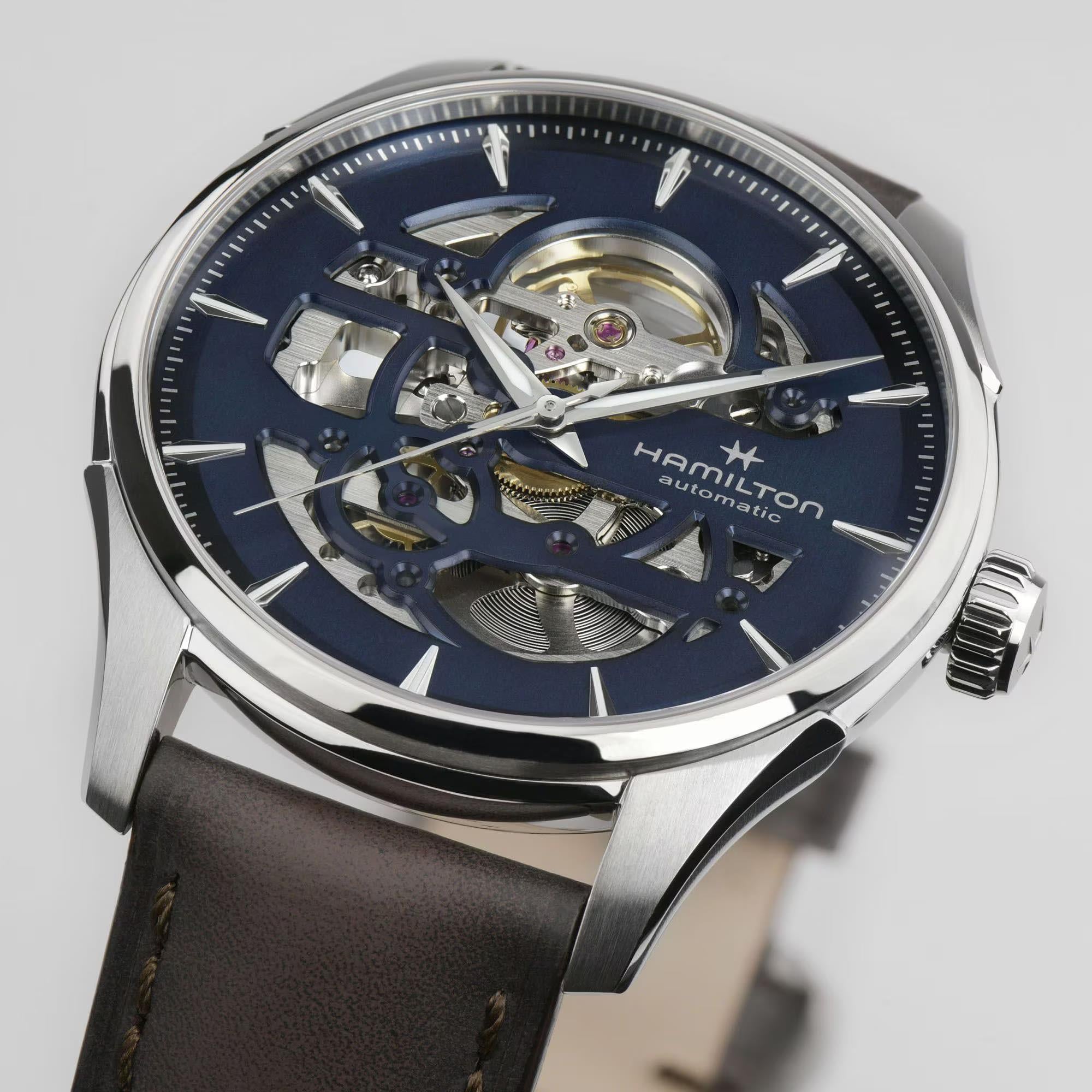 Hamilton Jazzmaster H42535541 blue skeletonised dial revealing movement close-up