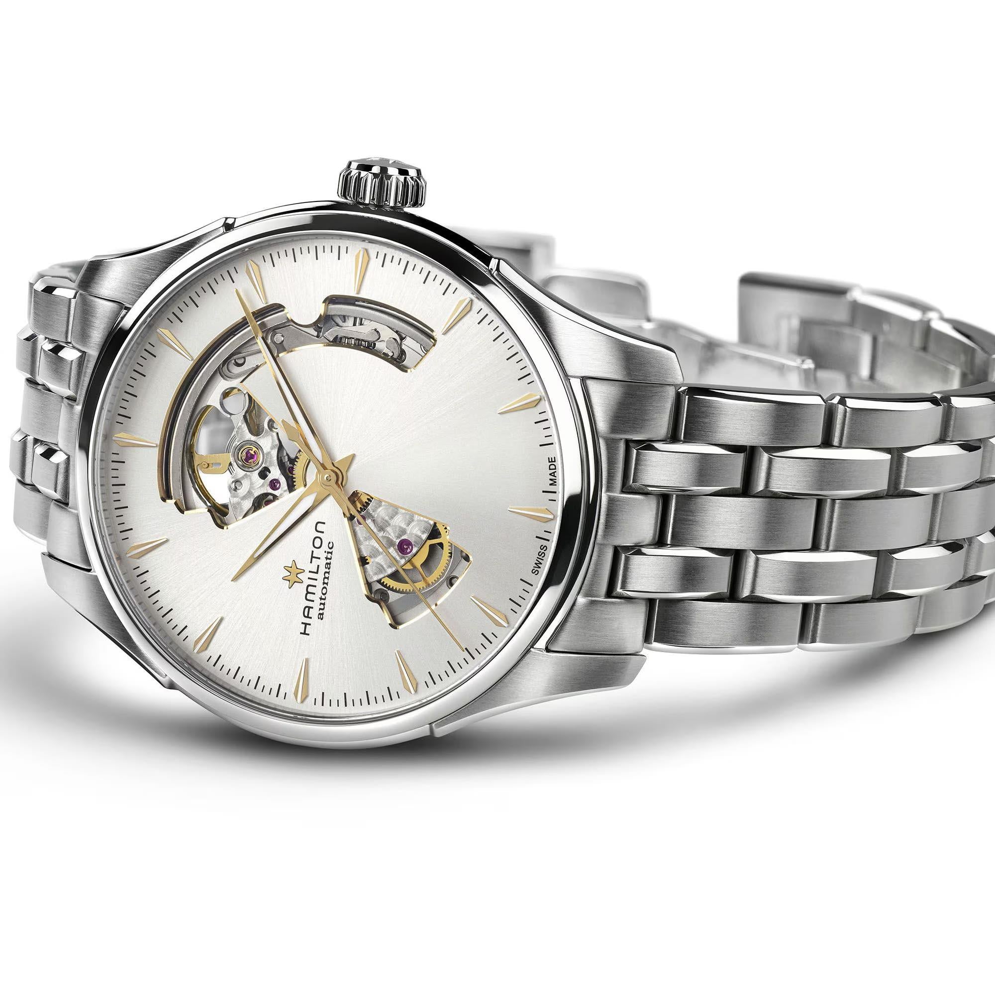Hamilton H32675151 silver open-heart dial with balance wheel visible close-up