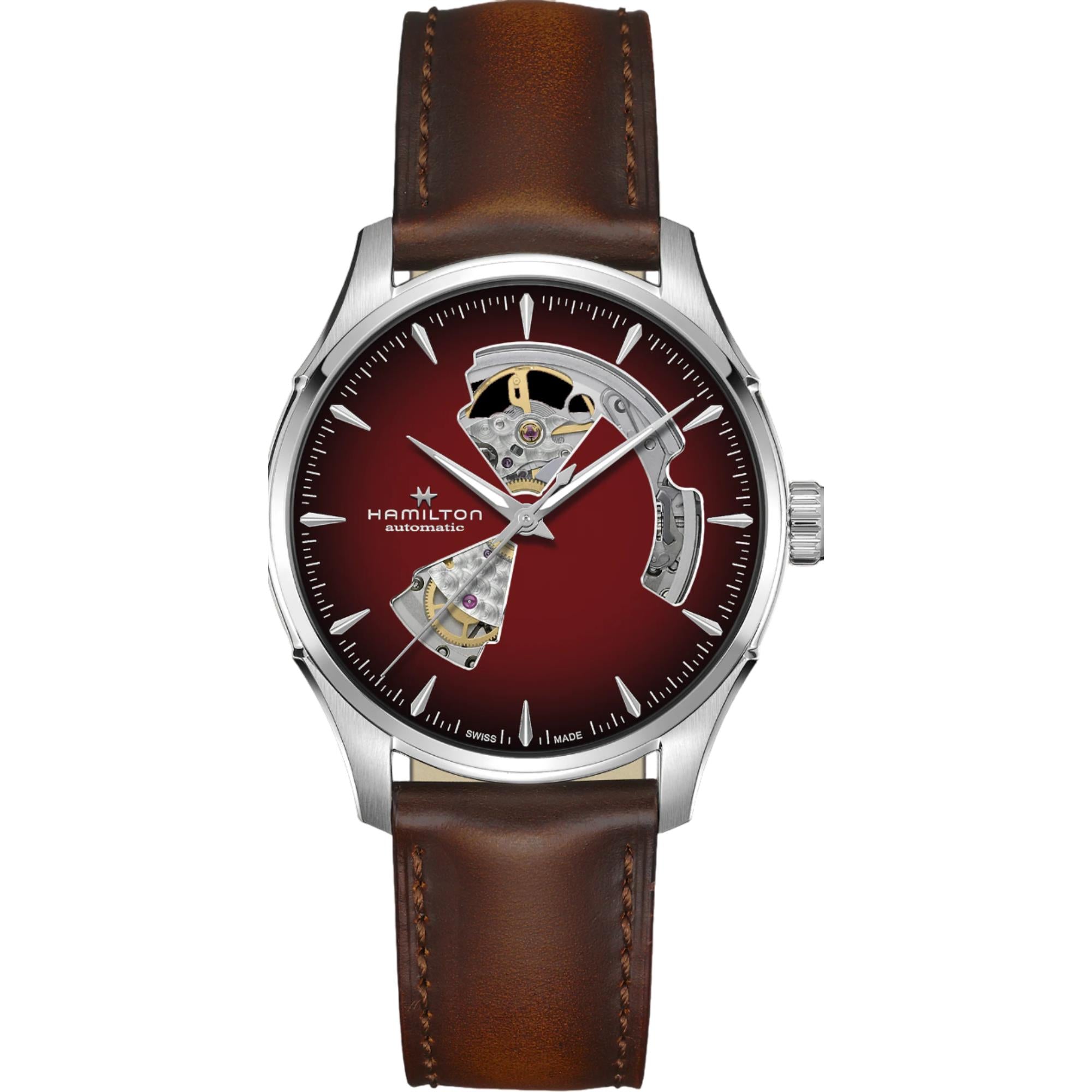 Hamilton Jazzmaster 40mm Open Heart burgundy dial brown leather automatic watch H32675570 front view