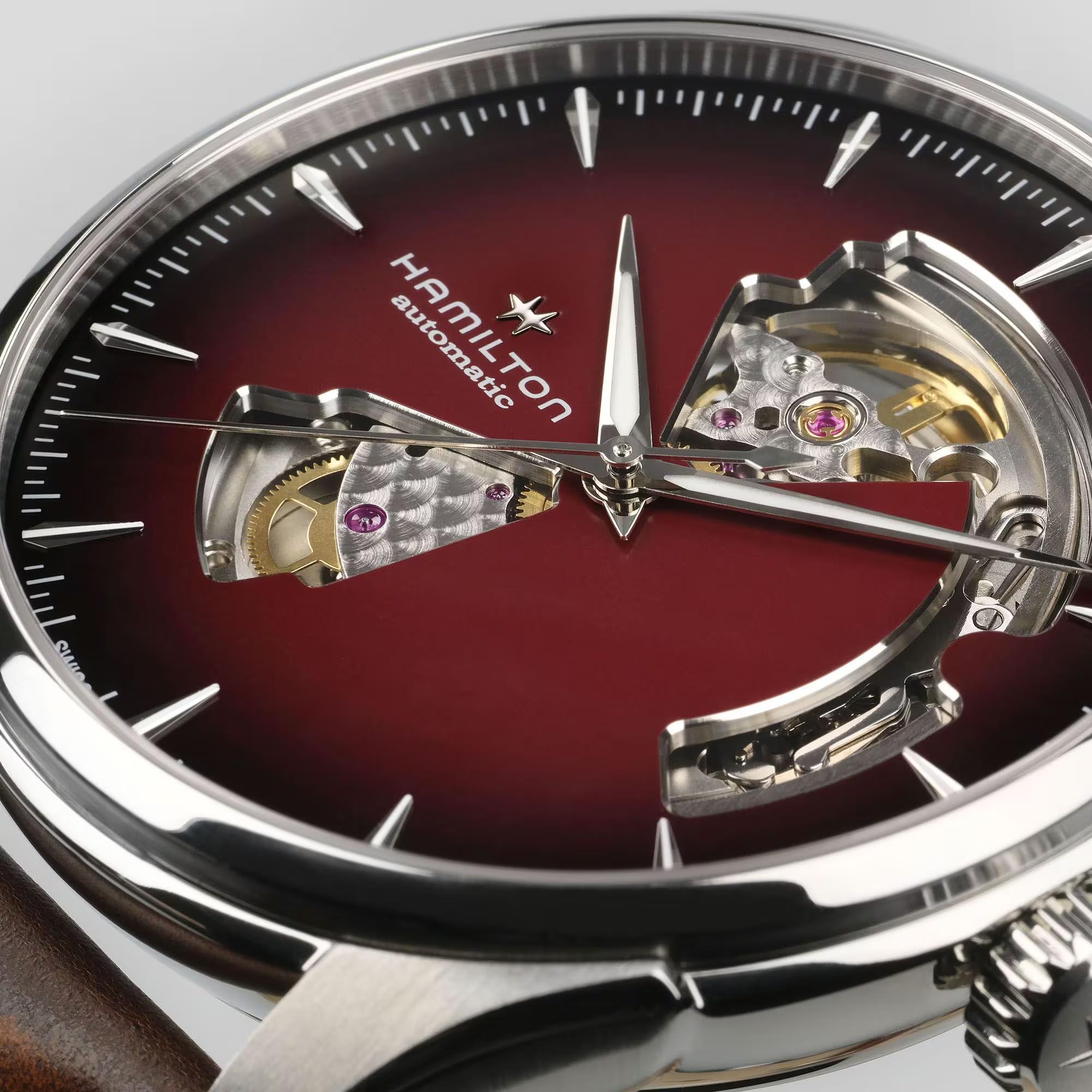 Hamilton Jazzmaster 40mm H32675570 burgundy open-heart dial close-up