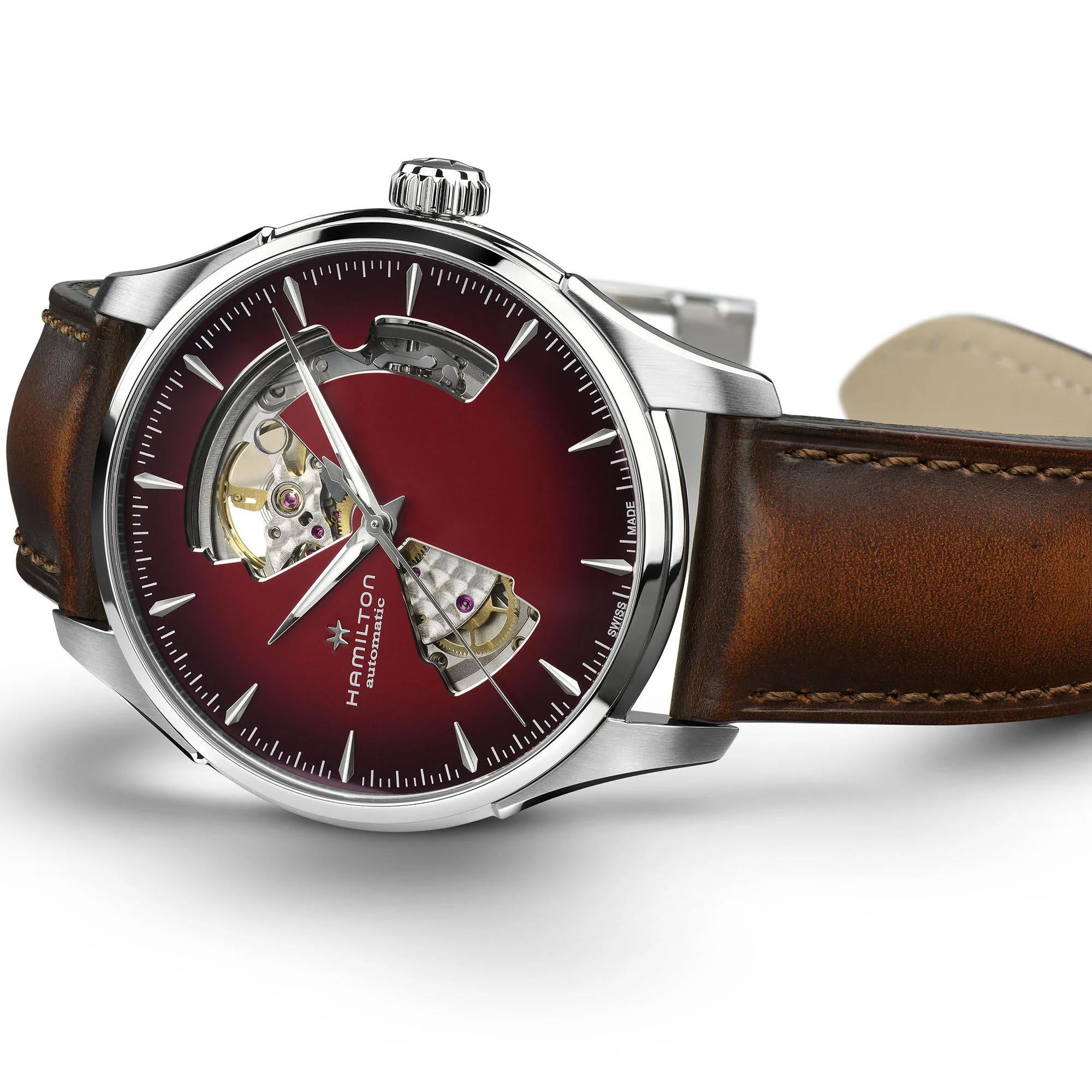 Hamilton Jazzmaster 40mm Open Heart burgundy dial brown leather automatic watch H32675570