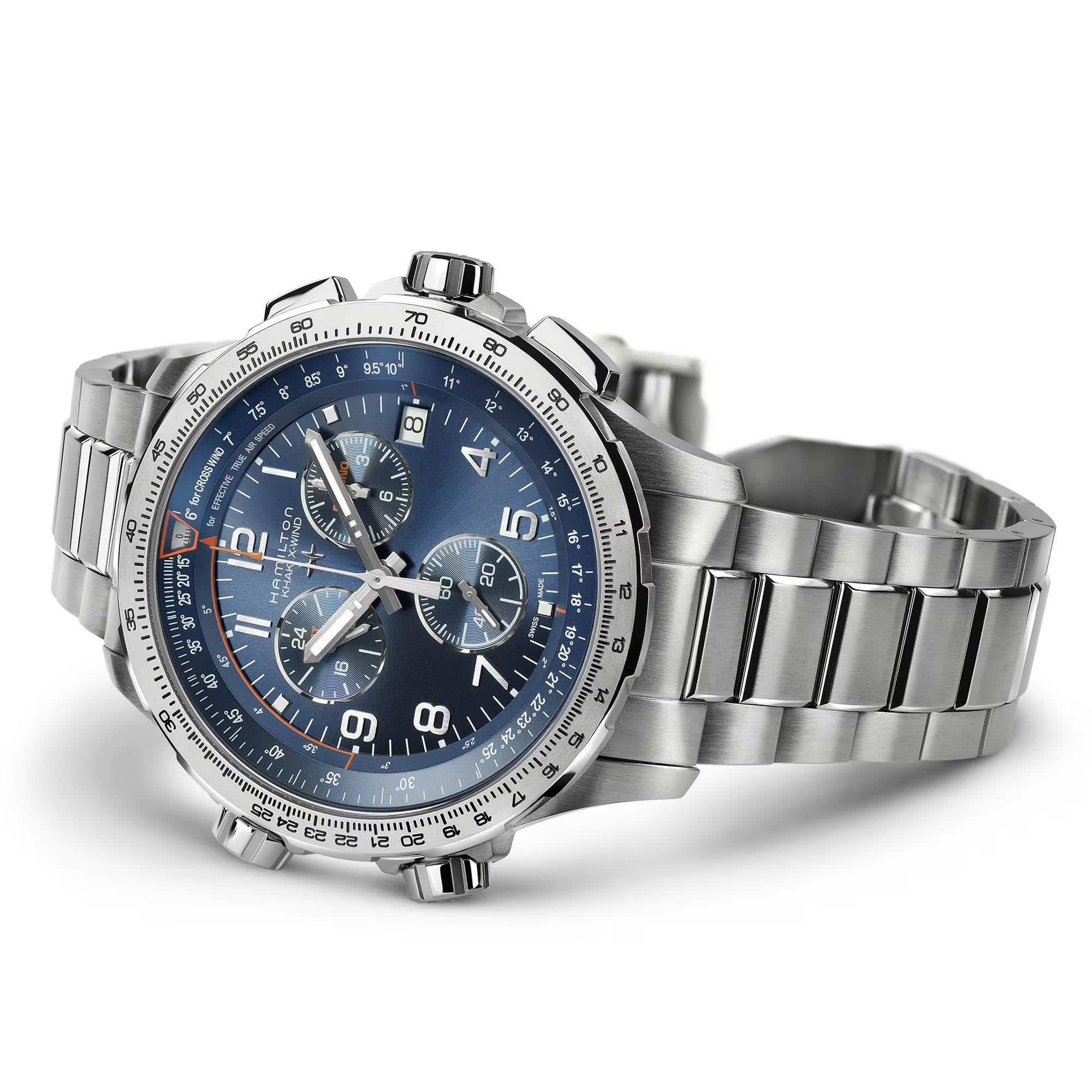 Hamilton Khaki Aviation X-Wind chronograph watch with a blue dial and stainless steel bracelet.