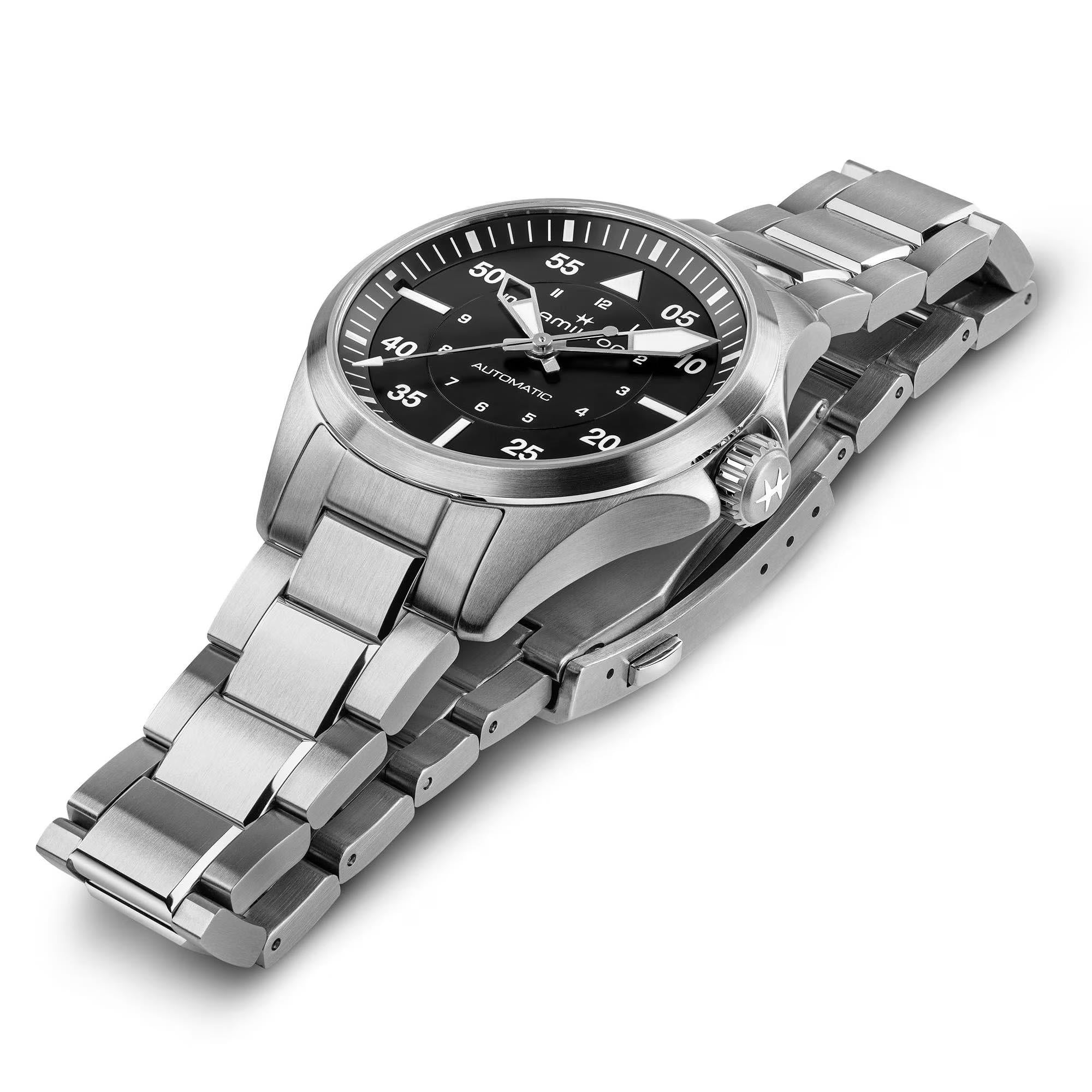 Hamilton Khaki Aviation H76215130 36mm polished stainless steel case and steel bracelet side profile