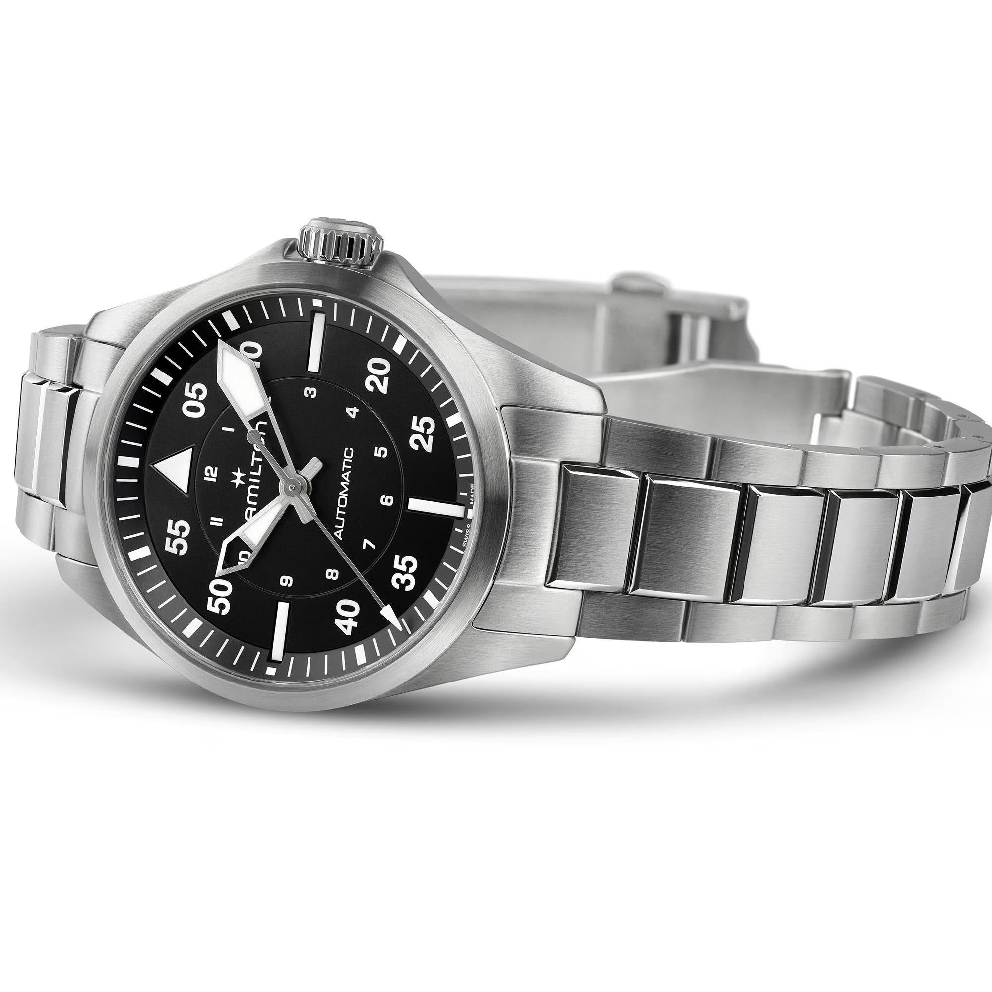 Hamilton Khaki Aviation H76215130 black dial and brushed steel bracelet detail