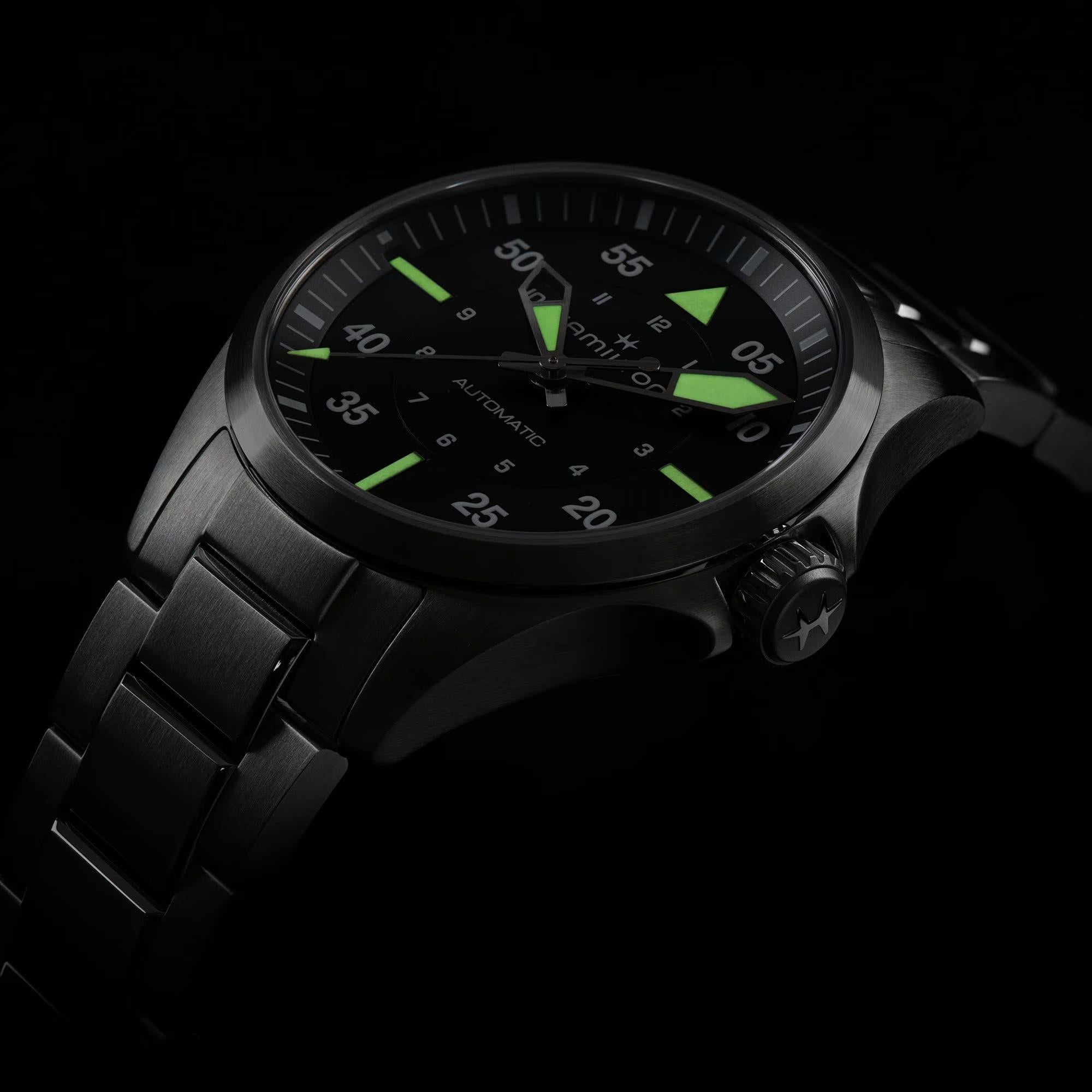 Hamilton Khaki Aviation H76215130 36mm black dial at night or dark background