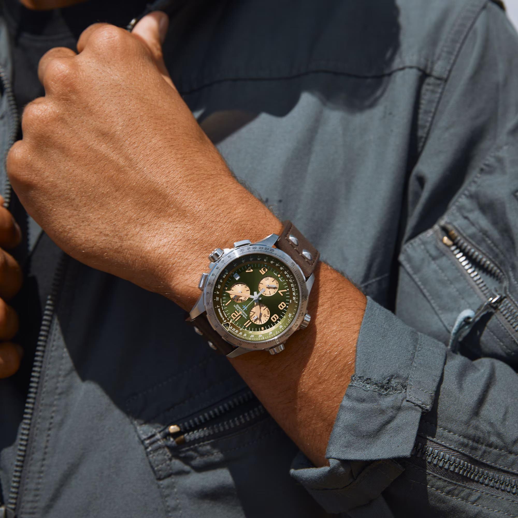 Hamilton Khaki Aviation 46mm Chronograph Green Dial Leather Mens Quartz Watch H77932560