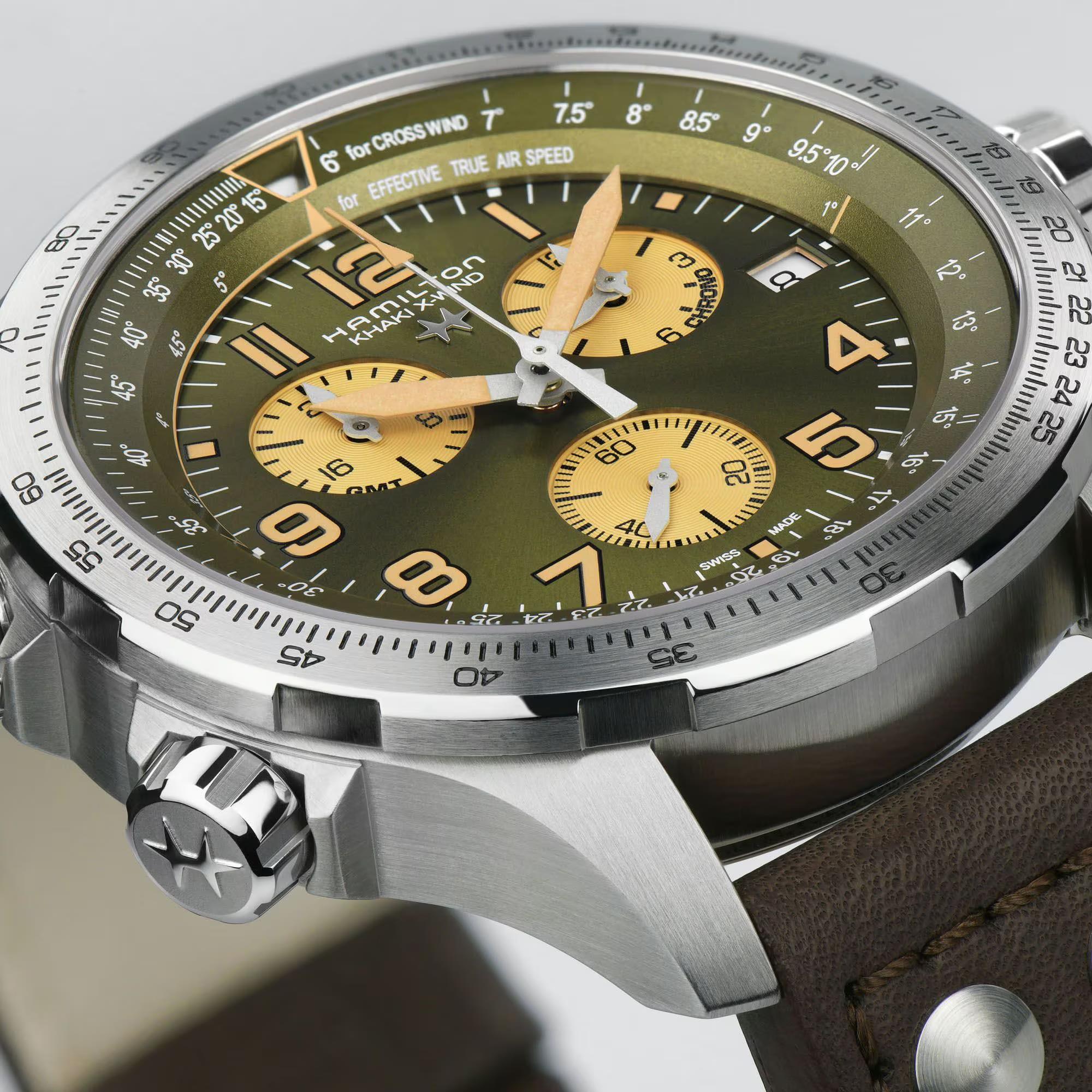 Hamilton Khaki Aviation 46mm Chronograph Green Dial Leather Mens Quartz Watch H77932560