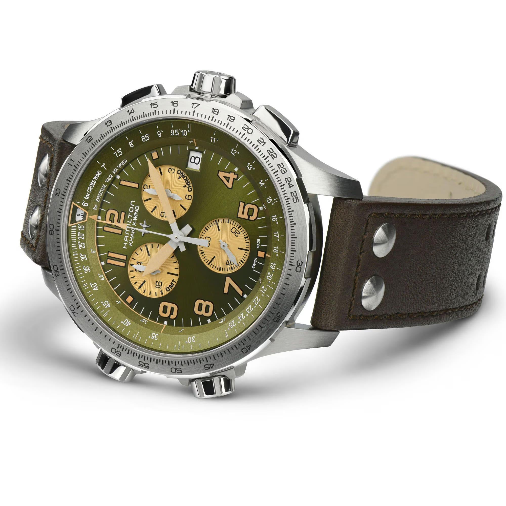 Hamilton Khaki Aviation 46mm Chronograph Green Dial Leather Mens Quartz Watch H77932560