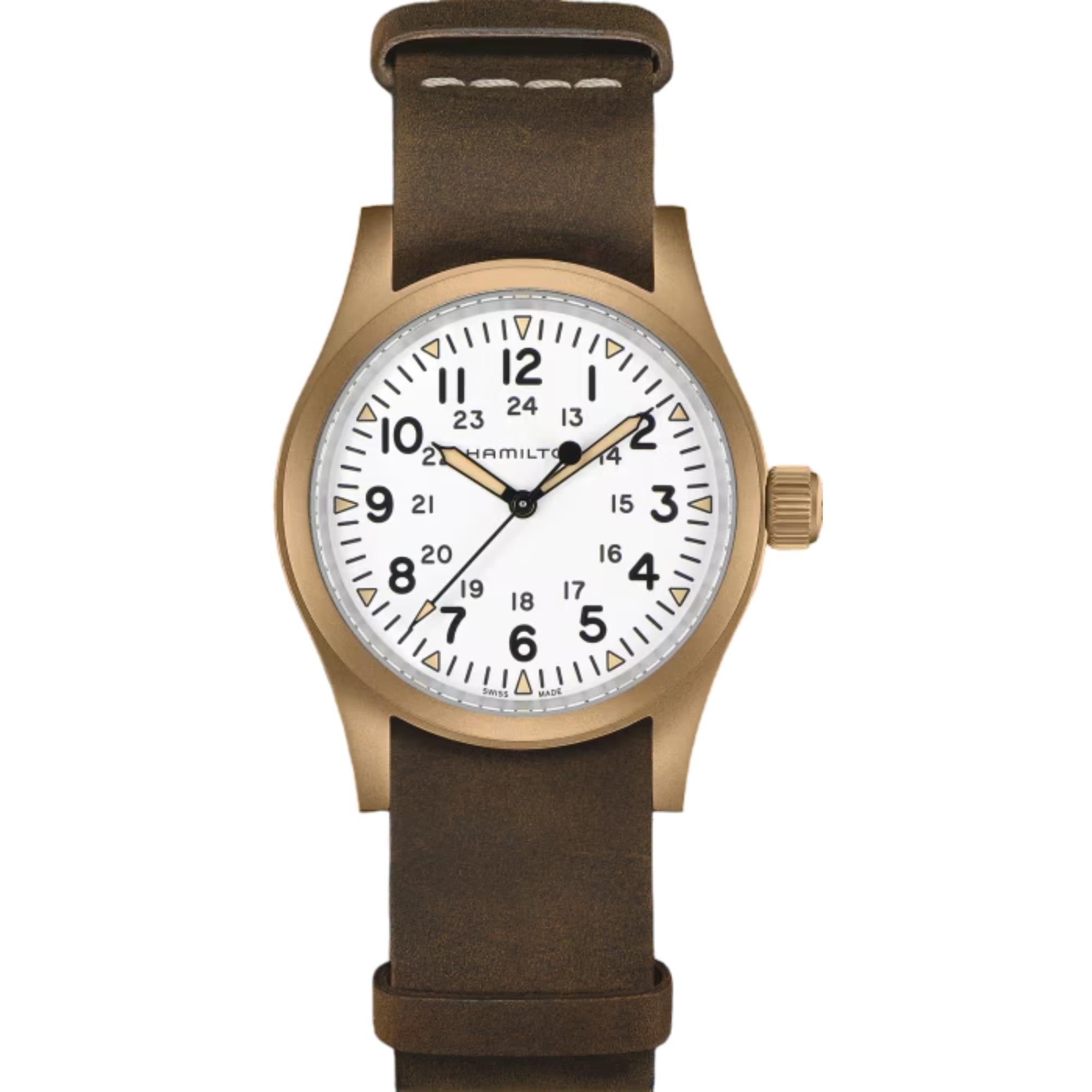 Hamilton Khaki Field Mechanical Bronze White Dial Leather Strap Unisex Watch H69459510 - WatchNation