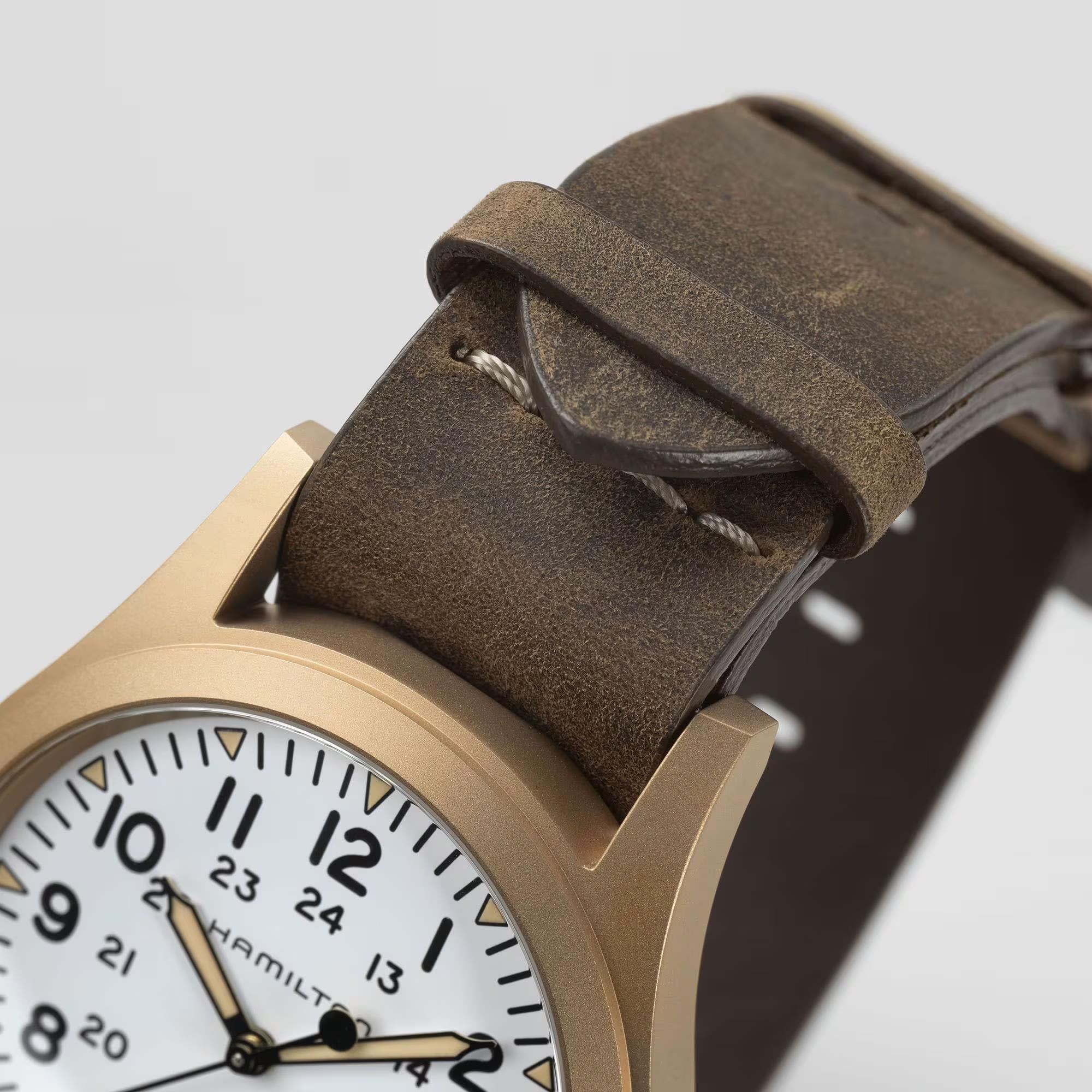 Hamilton Khaki Field Mechanical Bronze White Dial Leather Strap Unisex Watch H69459510 - WatchNation