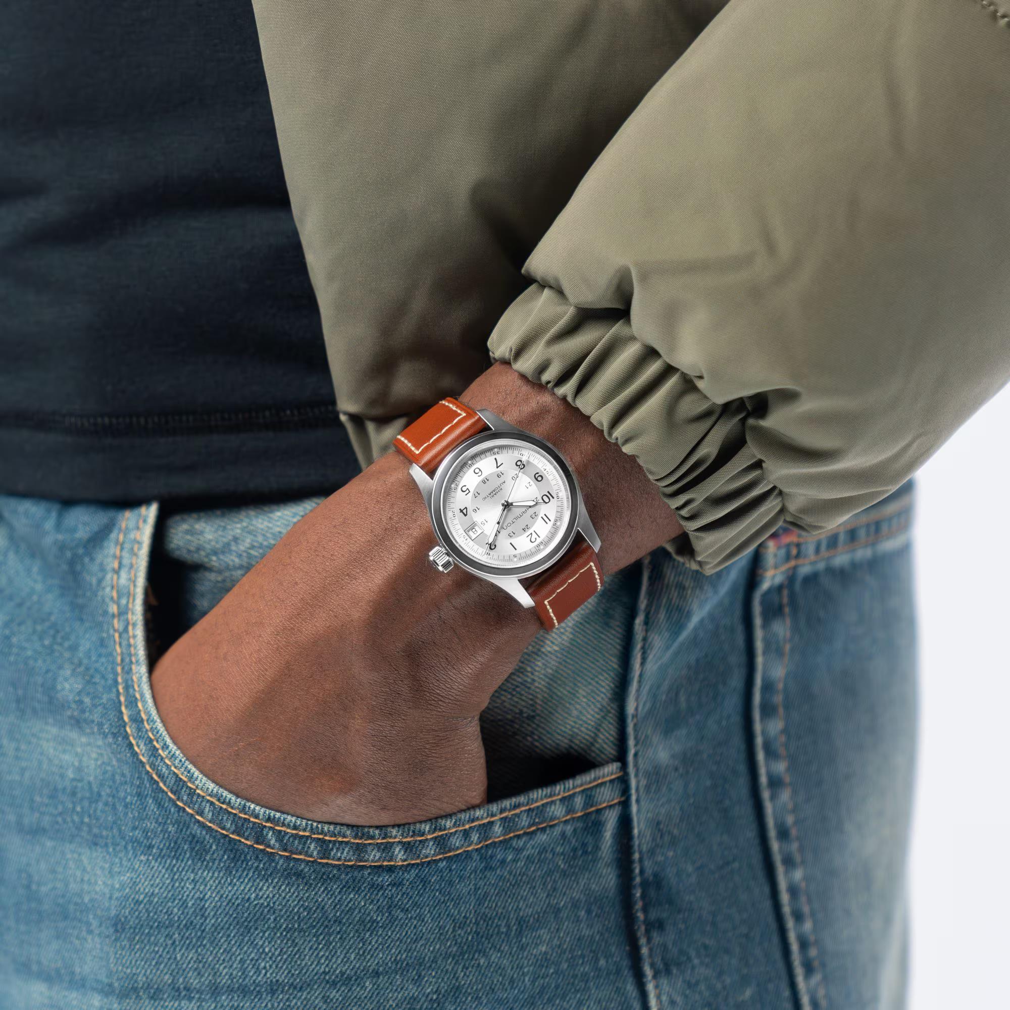 Hamilton Khaki Field H70455553 silver dial with Arabic numerals watch on wrist