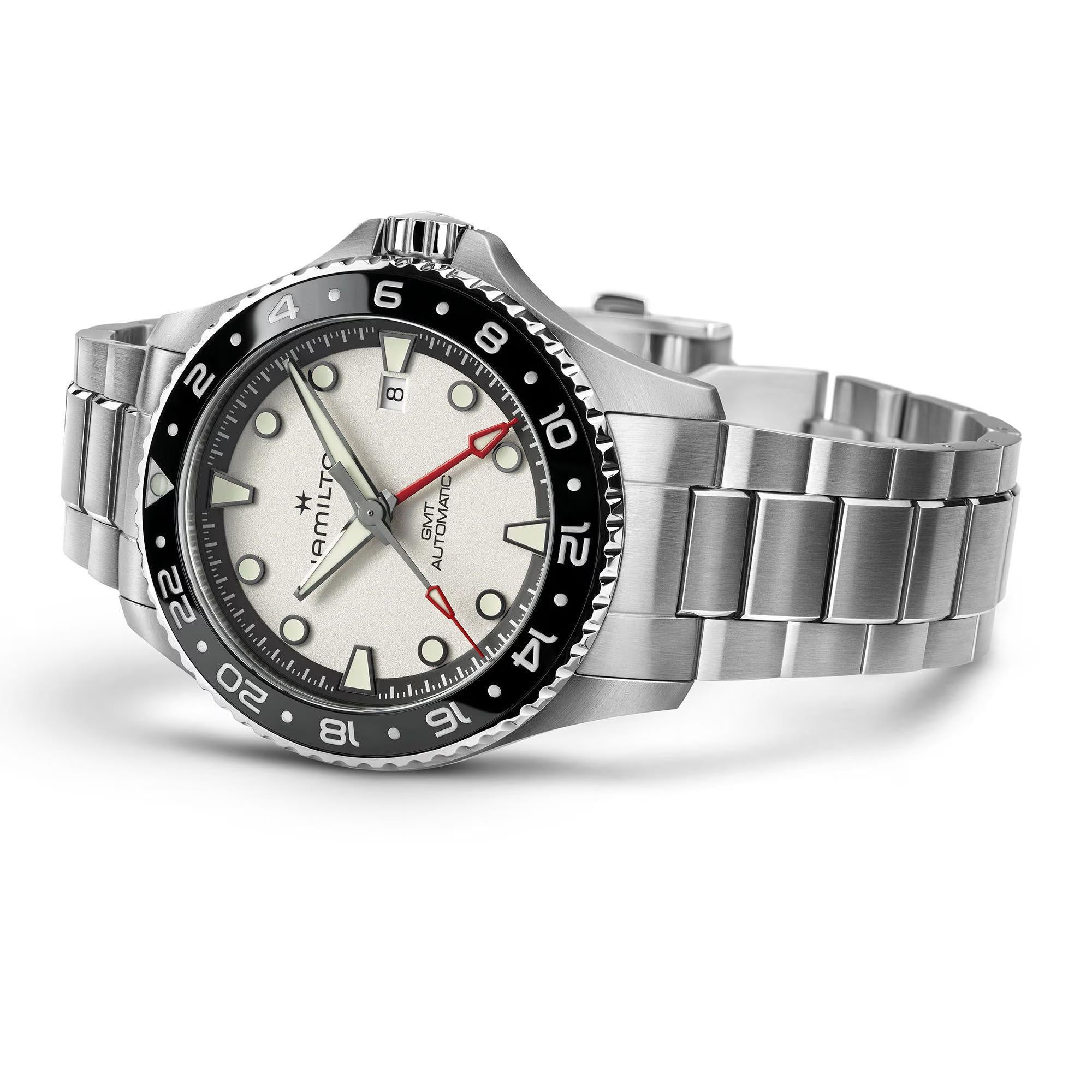 Hamilton Khaki Navy Scuba GMT Silver Dial Steel automatic watch H82555150 on white background