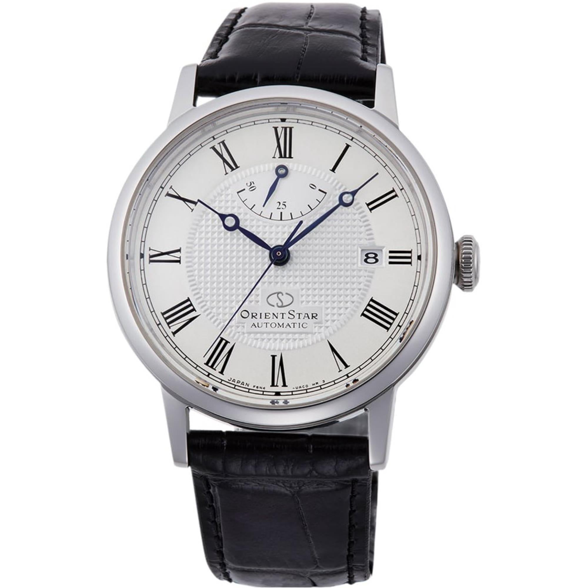 Orient Star Elegant Classic 39mm Power Reserve Weißes Zifferblatt Leder Herren Automatik Uhr RE-AU0002S00B