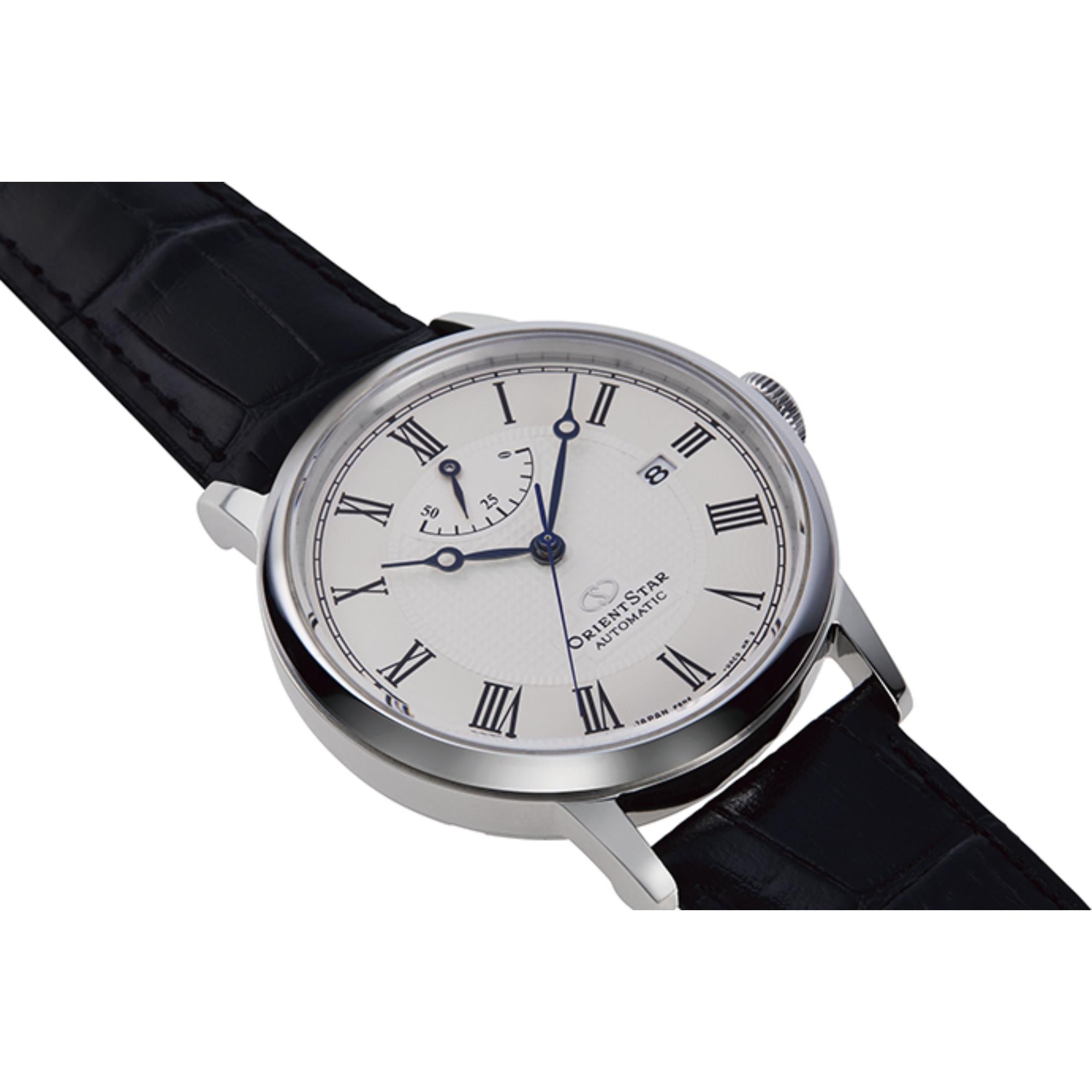 Orient Star Elegant Classic 39mm Power Reserve Weißes Zifferblatt Leder Herren Automatik Uhr RE-AU0002S00B