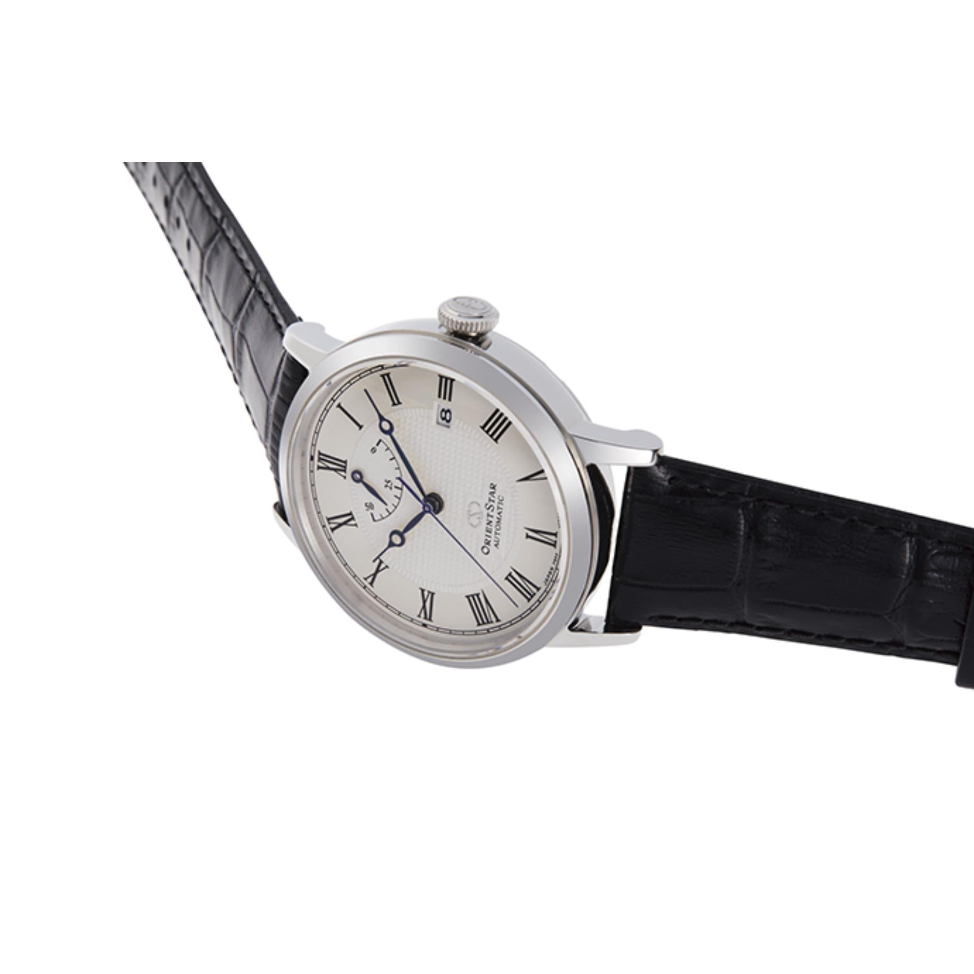 Orient Star Elegant Classic 39mm Power Reserve Weißes Zifferblatt Leder Herren Automatik Uhr RE-AU0002S00B