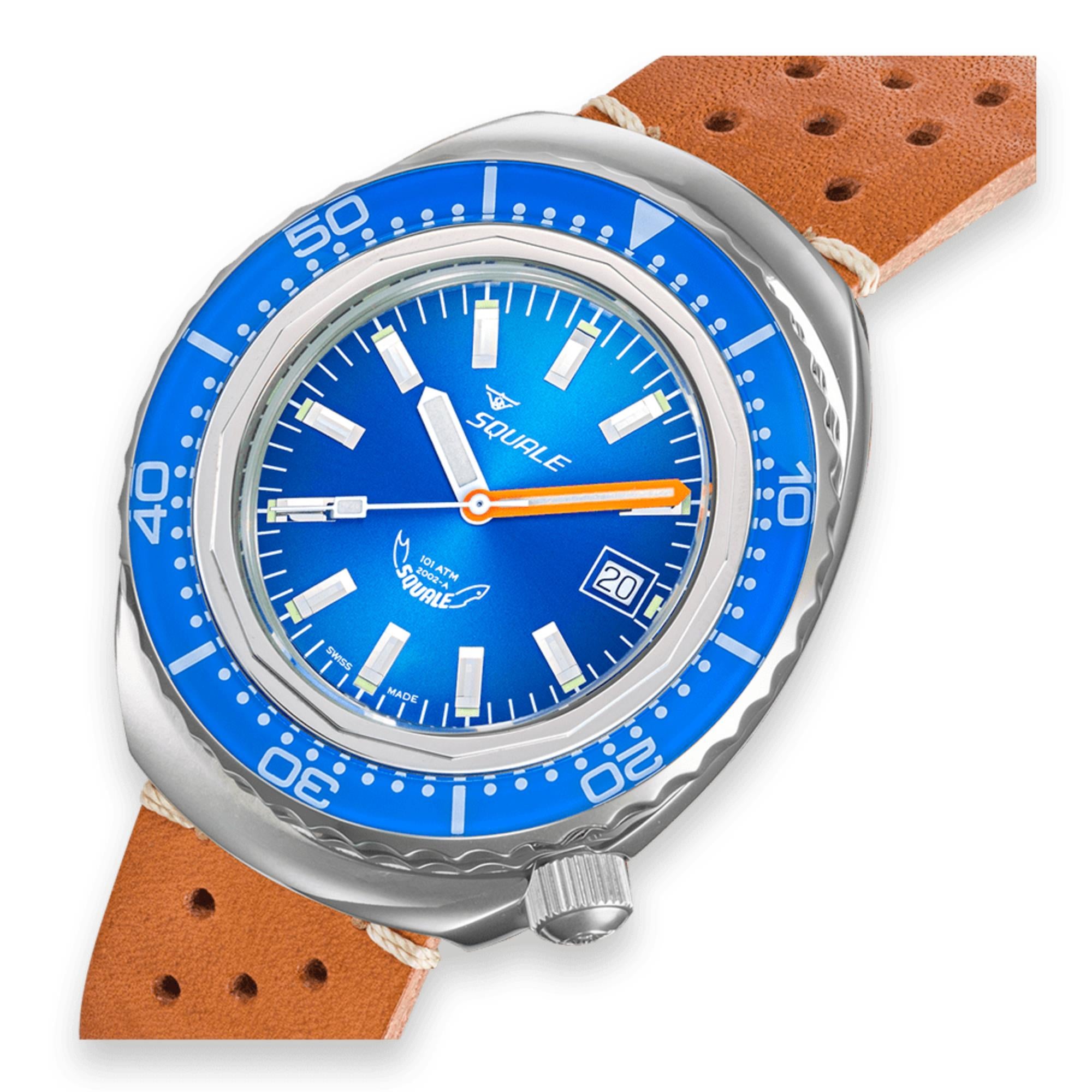 Squale 2002 Automatik Blauer Zifferblatt Lederband Herren Uhr 2002.SS.BL.BL.PTC
