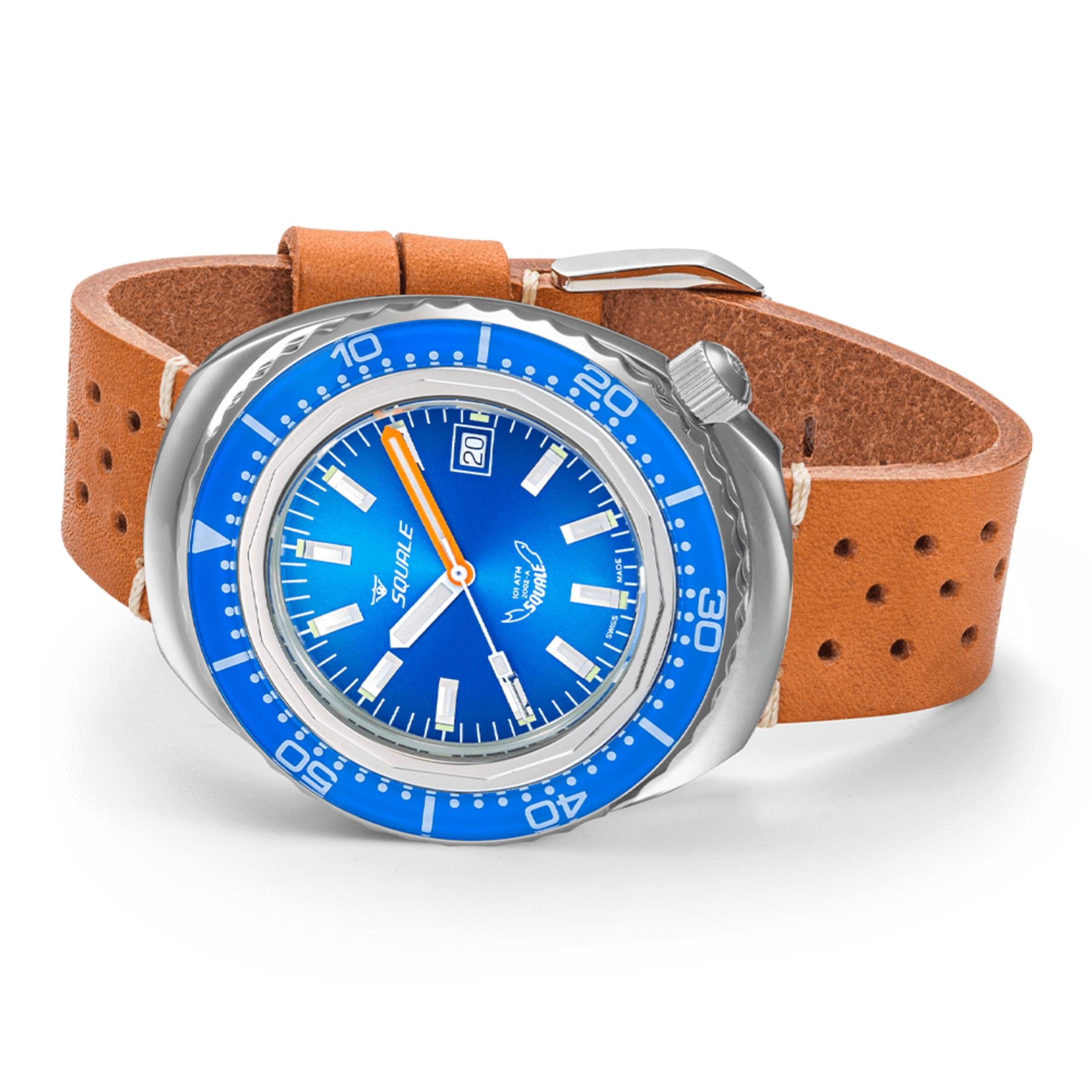 Squale 2002 Automatik Blauer Zifferblatt Lederband Herren Uhr 2002.SS.BL.BL.PTC