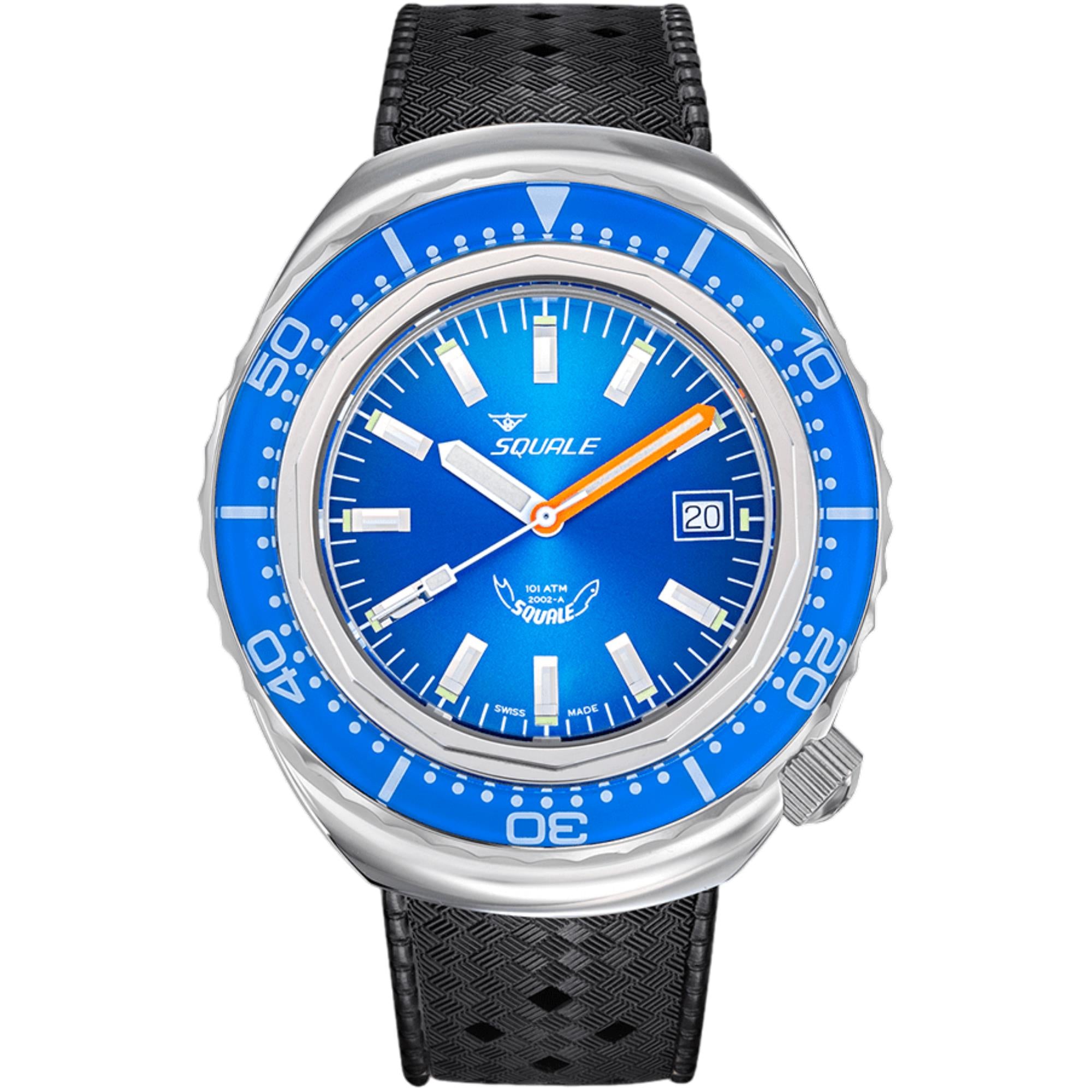 Squale 2002 Automatik Blauer Zifferblatt Gummiband Herren Uhr 2002.SS.BL.BL.HT
