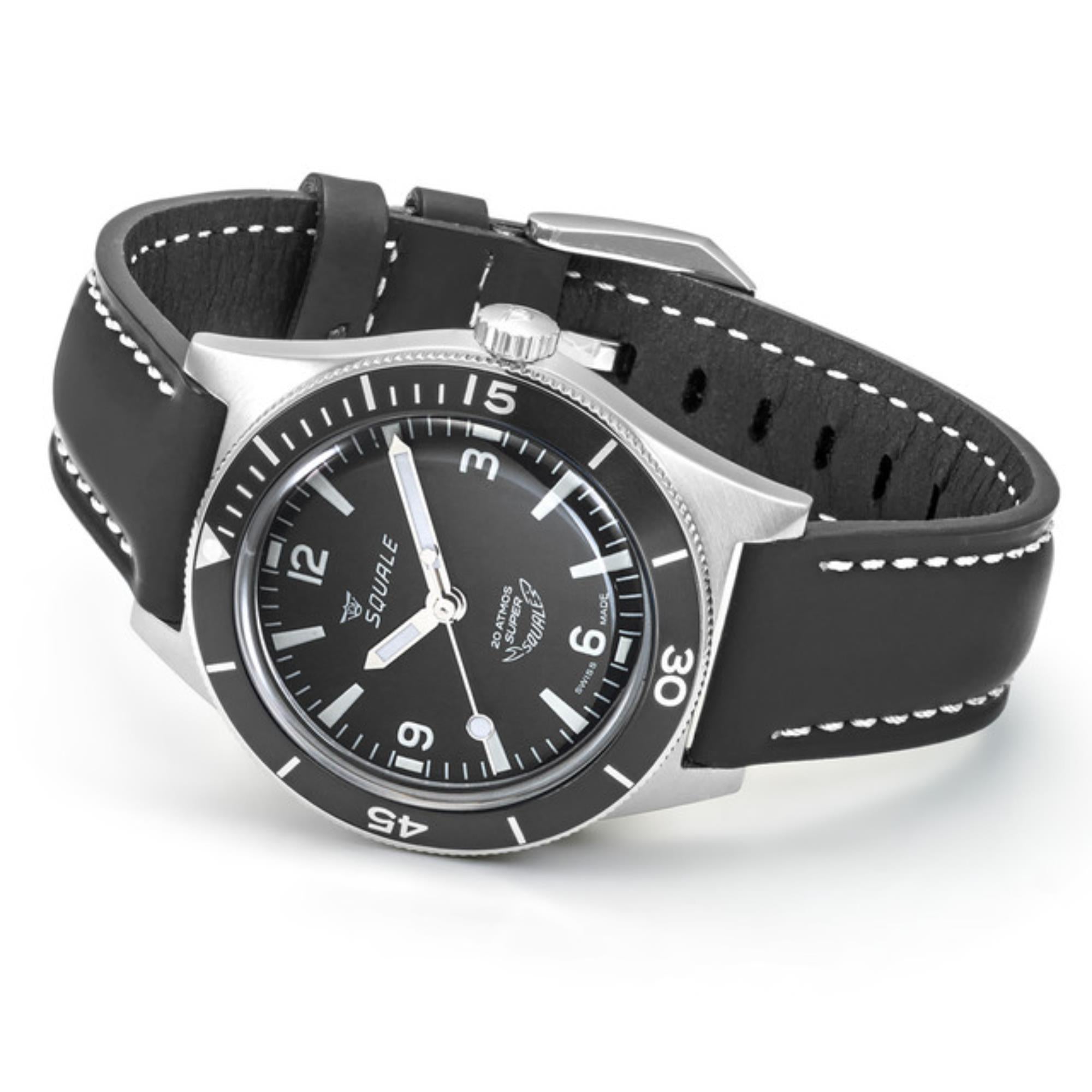 Squale Super-Squale Arabisch Automatik Schwarzes Zifferblatt Lederarmband Herren Uhr SUPERMBKBK.RLBK