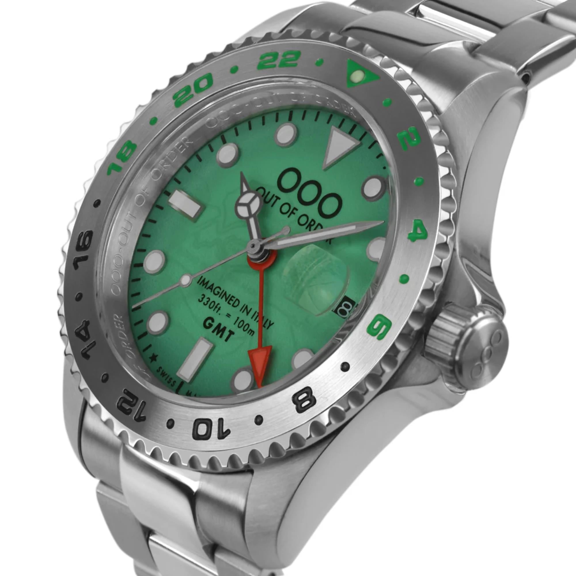 Out of Order Swiss GMT Venezia Ultra Gebürstetes Grünes Zifferblatt Stahlarmband Herren Uhr OOO.001-19.VE.SS