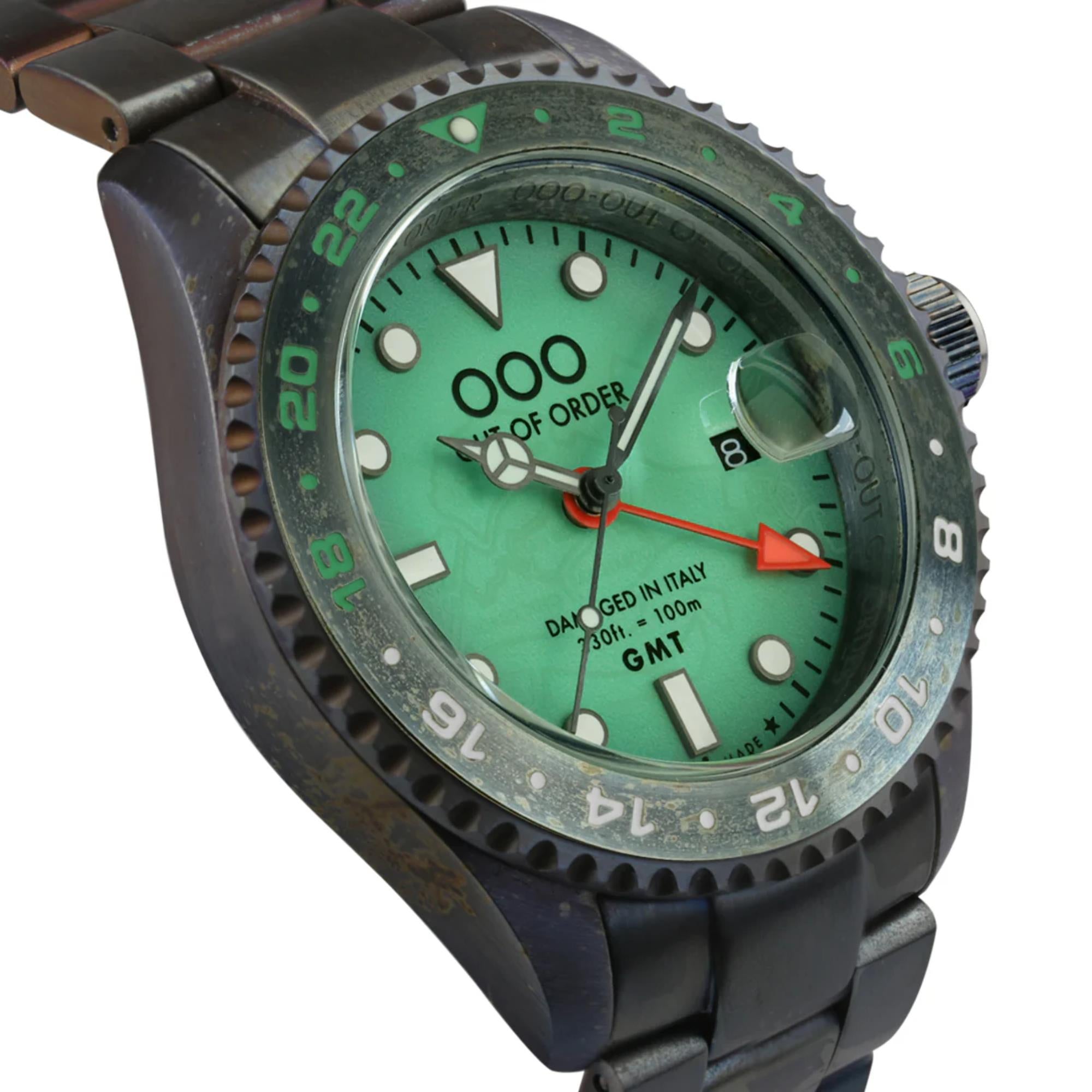 Out of Order Swiss Made GMT Venezia Ultra Distressed Green Dial Steel Strap Men's Watch OOO.001-19.VE