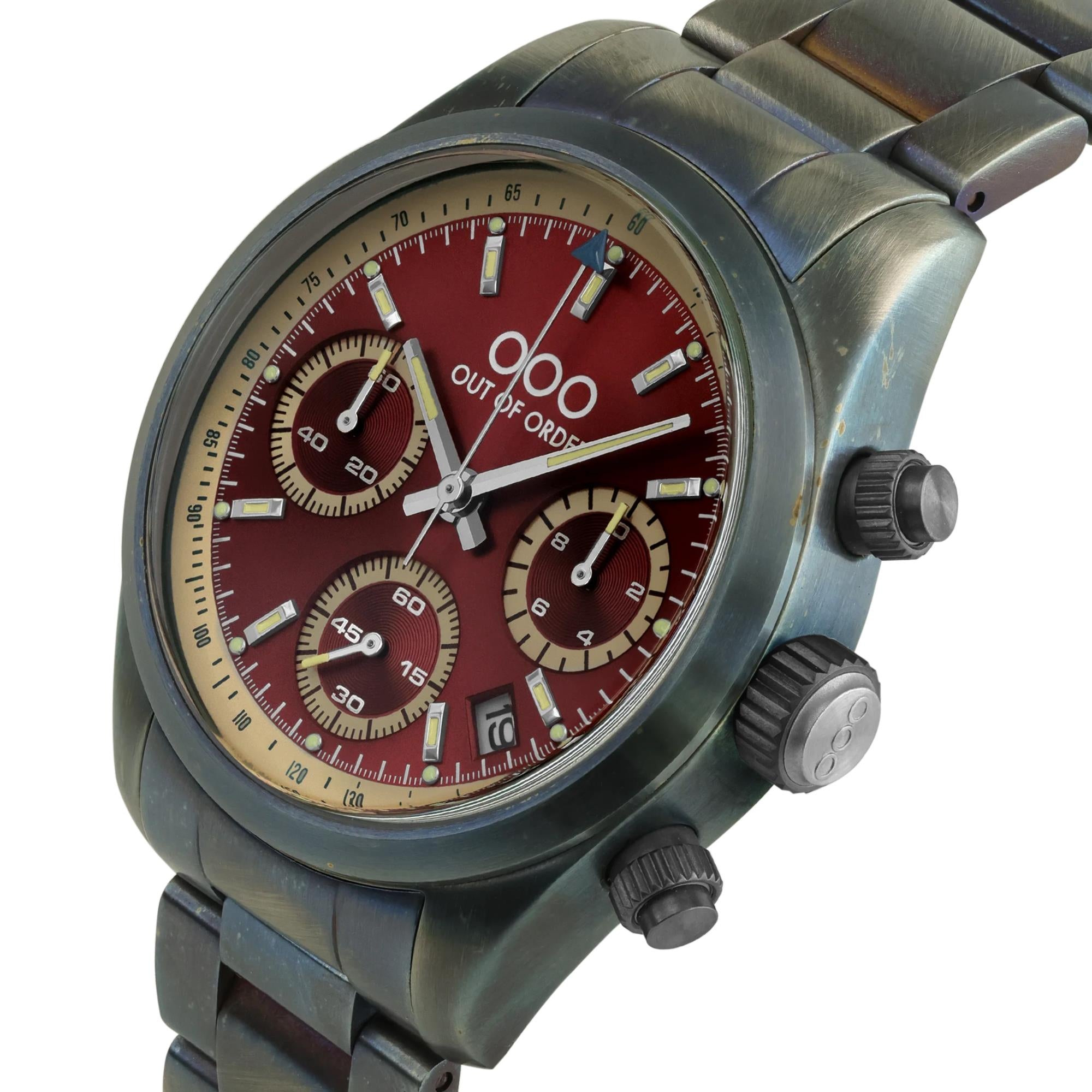 Out of Order Sporty Chronograph Quarz Rotes Zifferblatt Stahlarmband Herren Uhr OOO.001-23.RO.AC