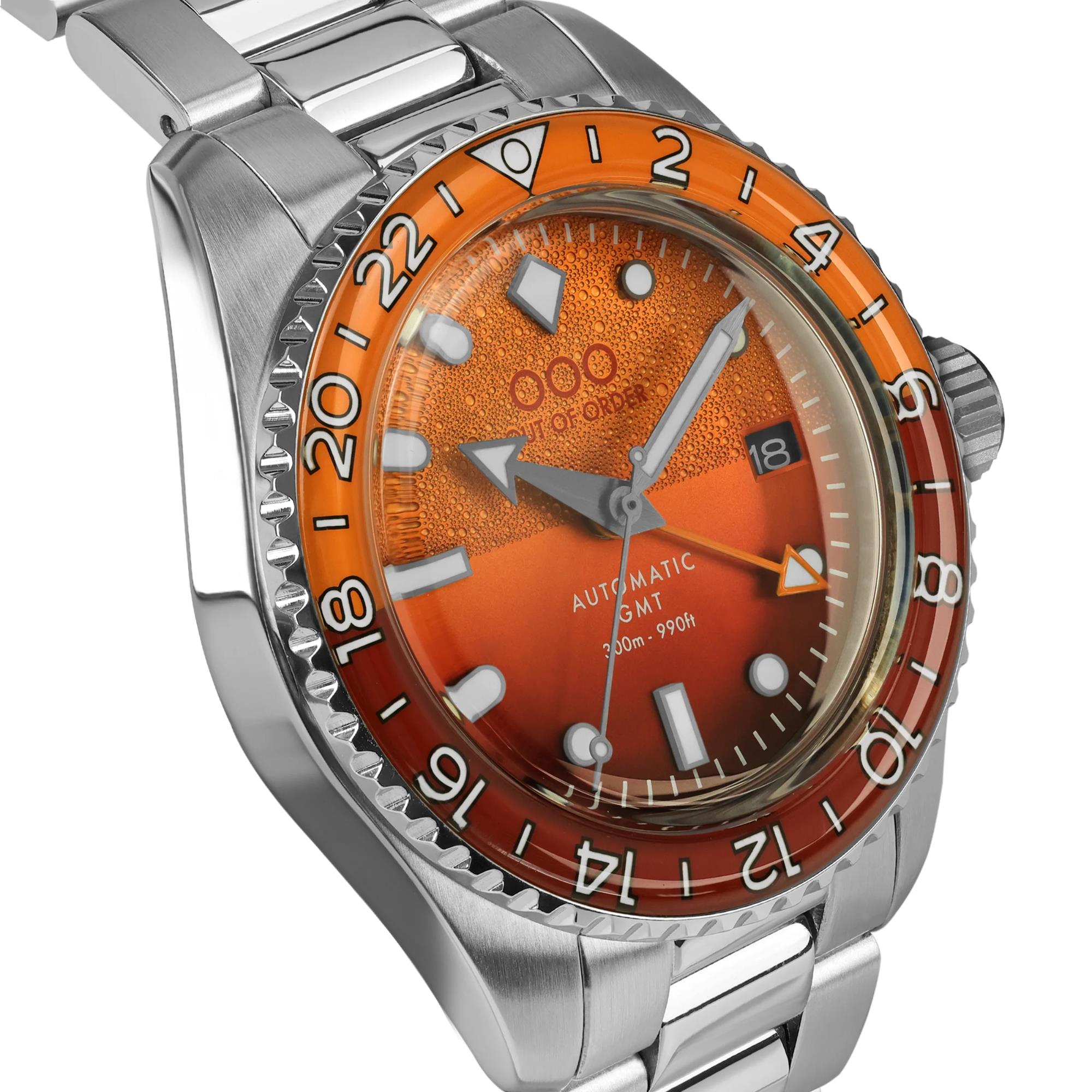 Out Of Order Negroni Shaker Automatik GMT Ultra-Gebürstetes Oranges Zifferblatt Stahl Uhr OOO.001-25.NE.BAND.SS