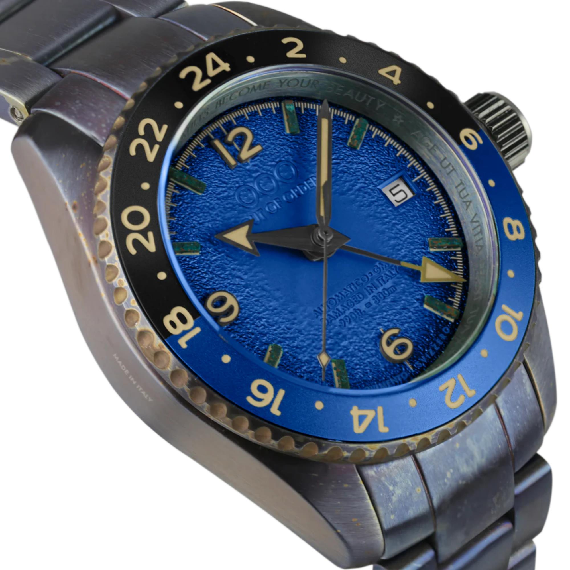 Out Of Order Blaue Trecento GMT Automatik Blaues Zifferblatt Stahlarmband Herren Uhr OOO.001-24.BL