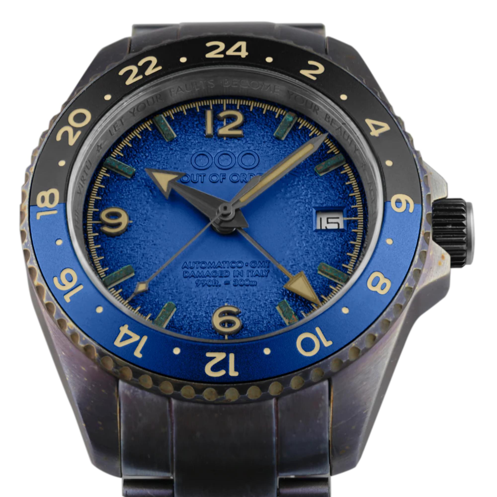 Out Of Order Blaue Trecento GMT Automatik Blaues Zifferblatt Stahlarmband Herren Uhr OOO.001-24.BL
