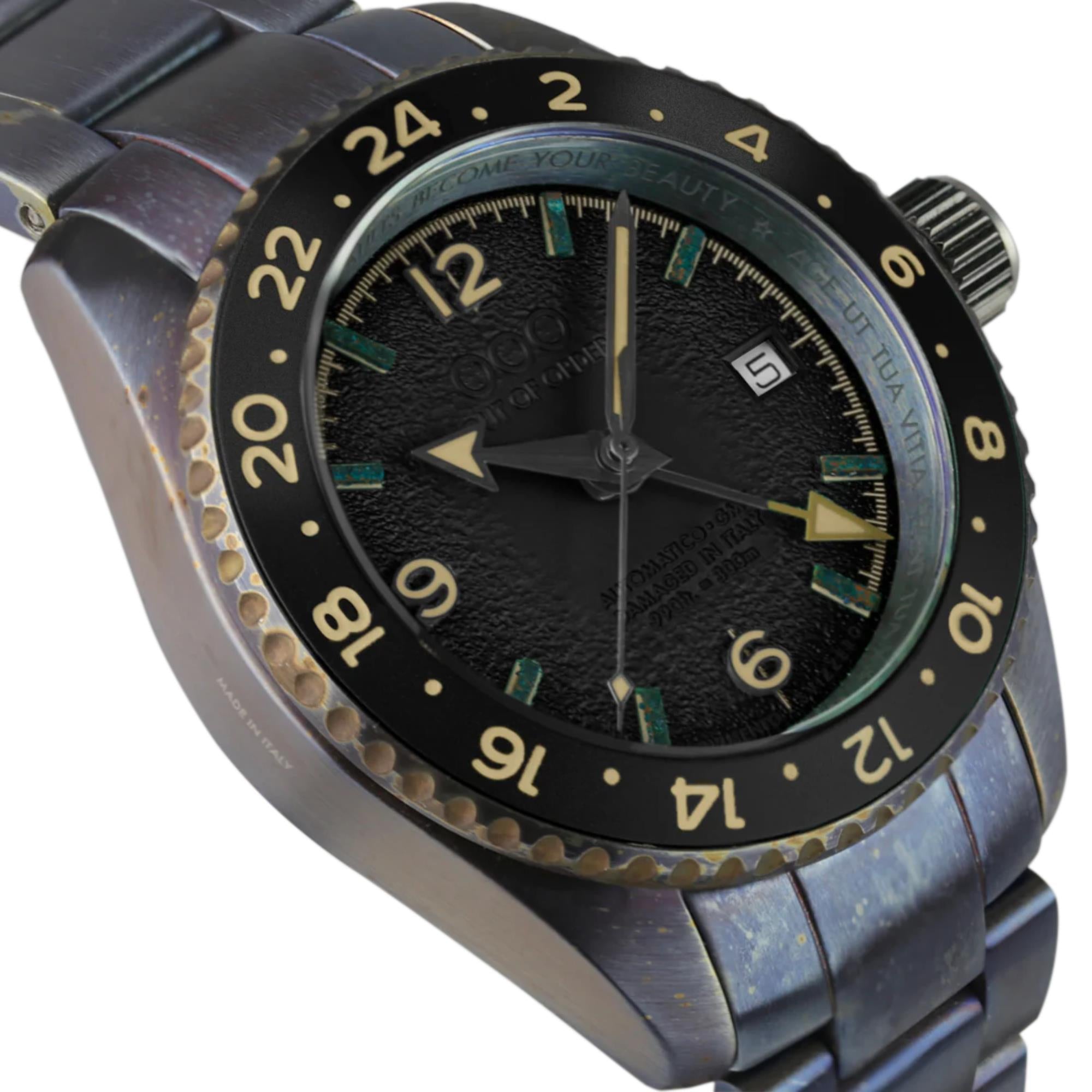 Out Of Order Black Trecento GMT Automatic Black Dial Steel Strap Men's Watch OOO.001-24.NE