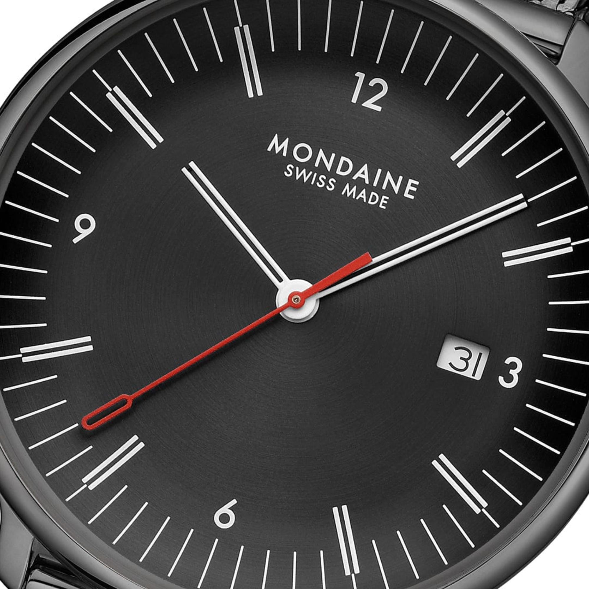 Mondaine Doppio Quarz Schwarzes Zifferblatt Stahlarmband Herren Uhr MLE.41220.SM