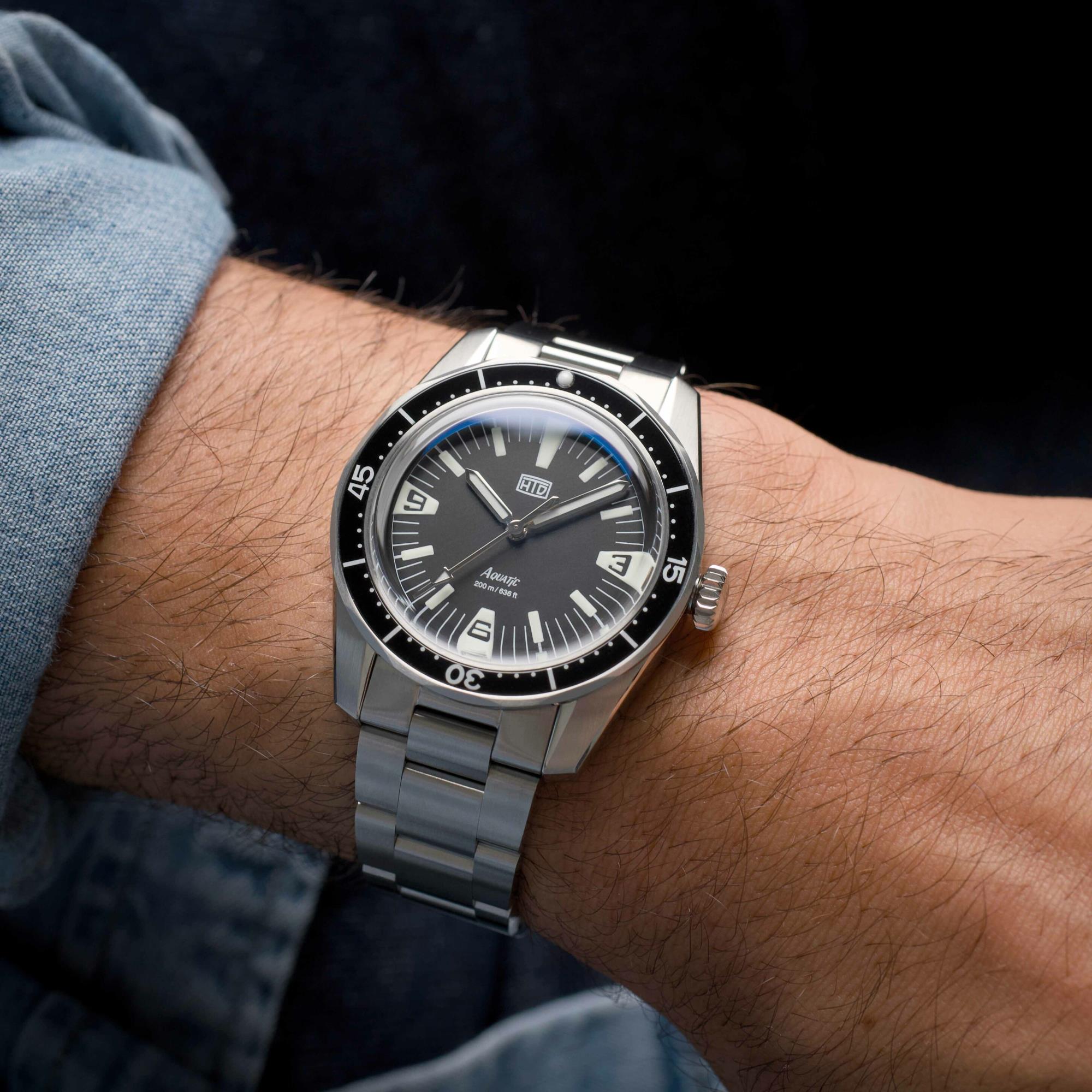 HTD Aquatic Spaceboy Automatic Black Dial Steel Strap Mens Watch A25F09S