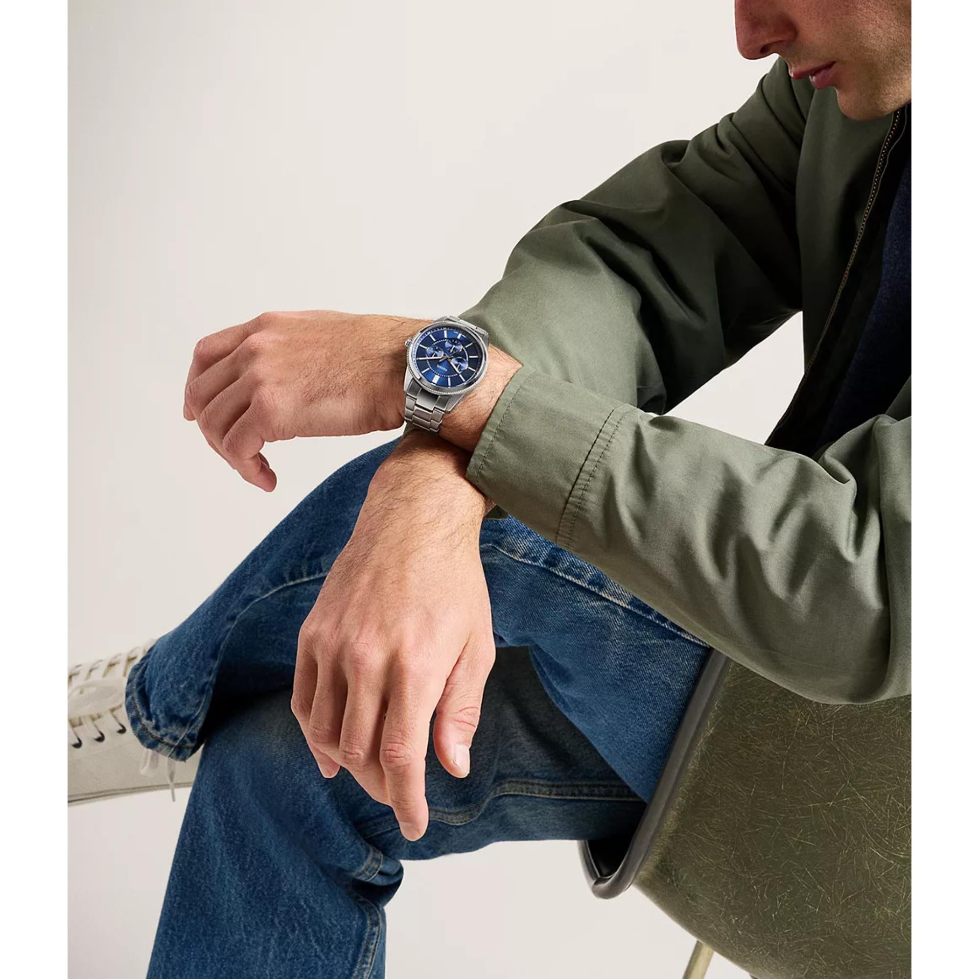 Fossil Pearson 42mm Chronograph Herren Quarz Uhr mit blauem Zifferblatt und Stahlband FS6134